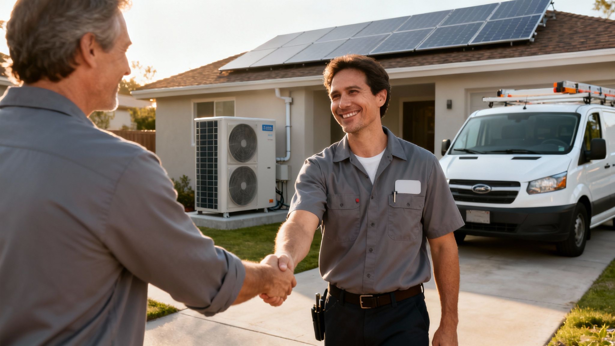 Dwóch mężczyzn, prawdopodobnie klient i technik, uściskuje dłonie przed domem z panelami słonecznymi i systemem HVAC, z furgonetką serwisową w tle.