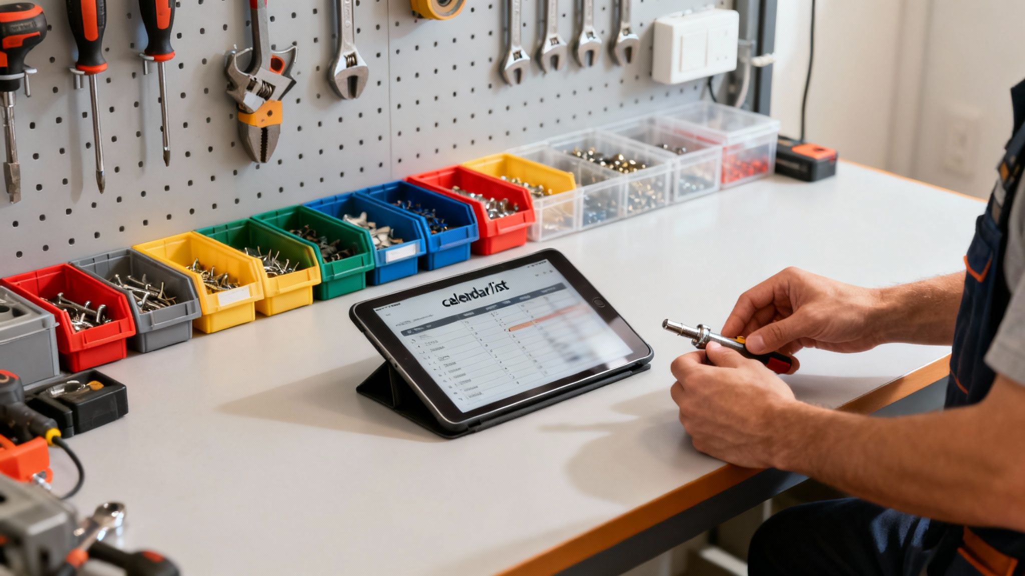 Mężczyzna pracuje przy warsztacie, używając tabletu z aplikacją CalendarList i różnych narzędzi.