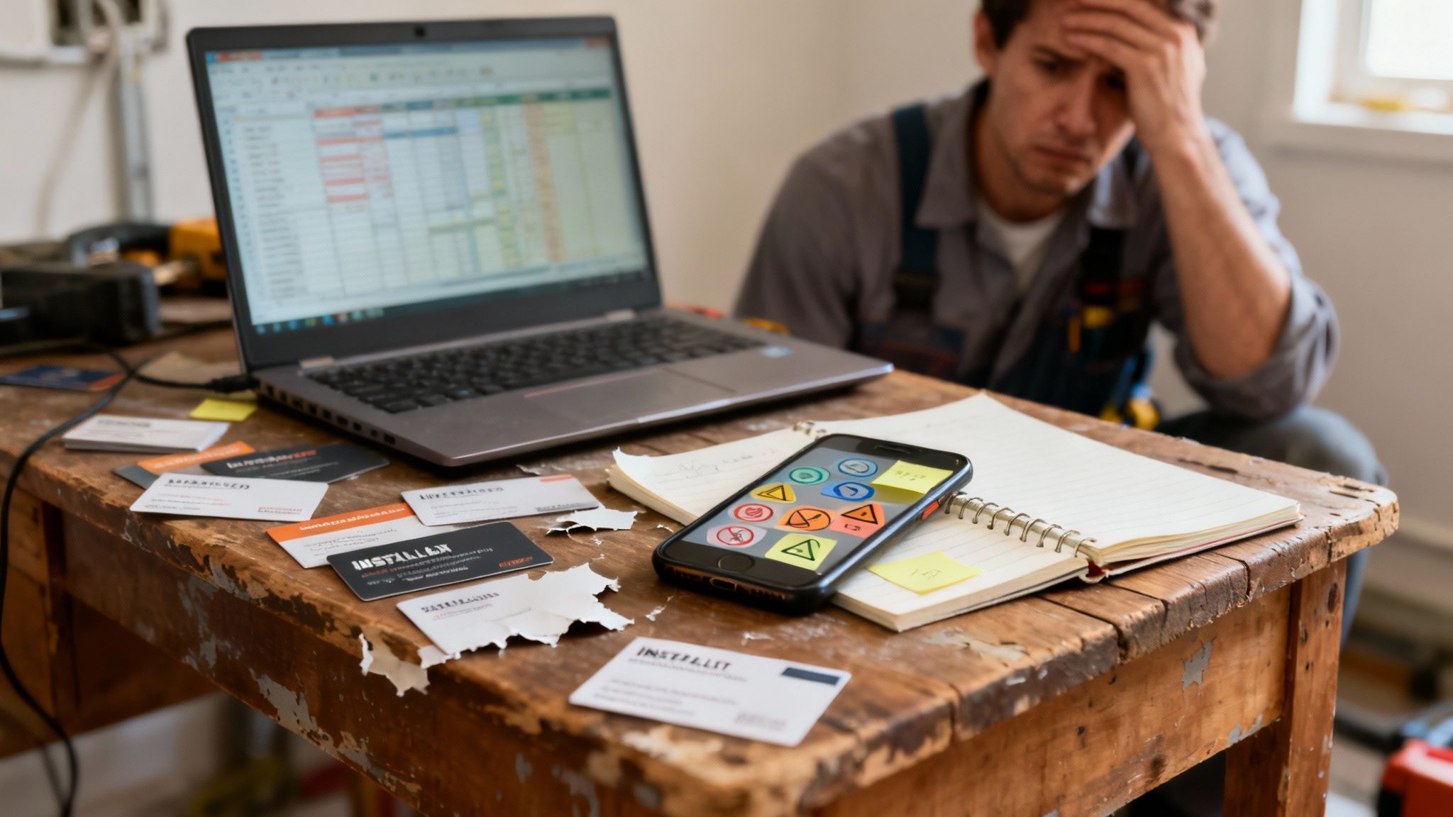 Zmęczony instalator przegląda dokumenty na laptopie i smartfonie, na stole leżą wizytówki i notatnik.