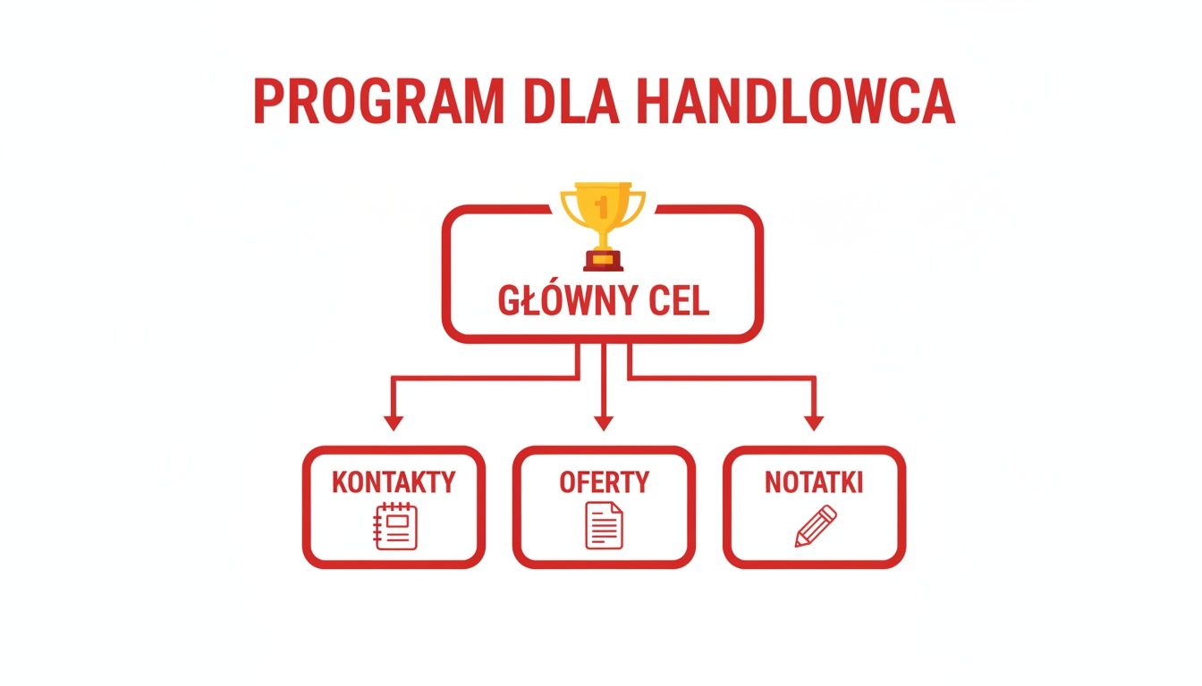 Schemat programu dla handlowca, przedstawiający główny cel, kontakty, oferty i notatki jako kluczowe elementy.