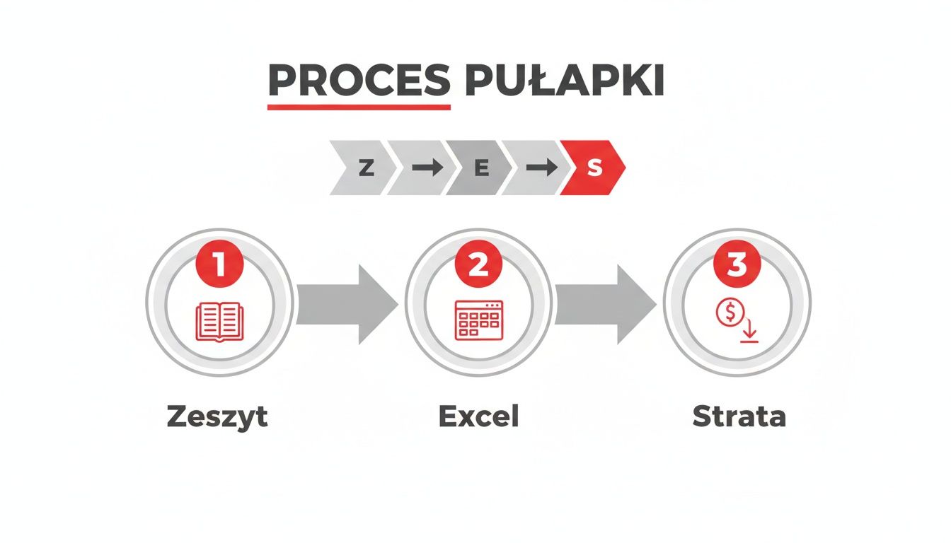 Diagram przedstawiający proces pułapki: od zeszytu przez Excel do straty finansowej, z etapami Z, E, S.
