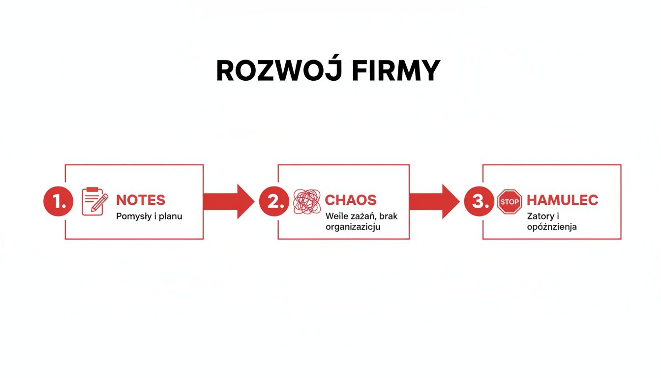 Infografika przedstawiająca trzy etapy rozwoju firmy: notatki, chaos i hamulec, z opisami.