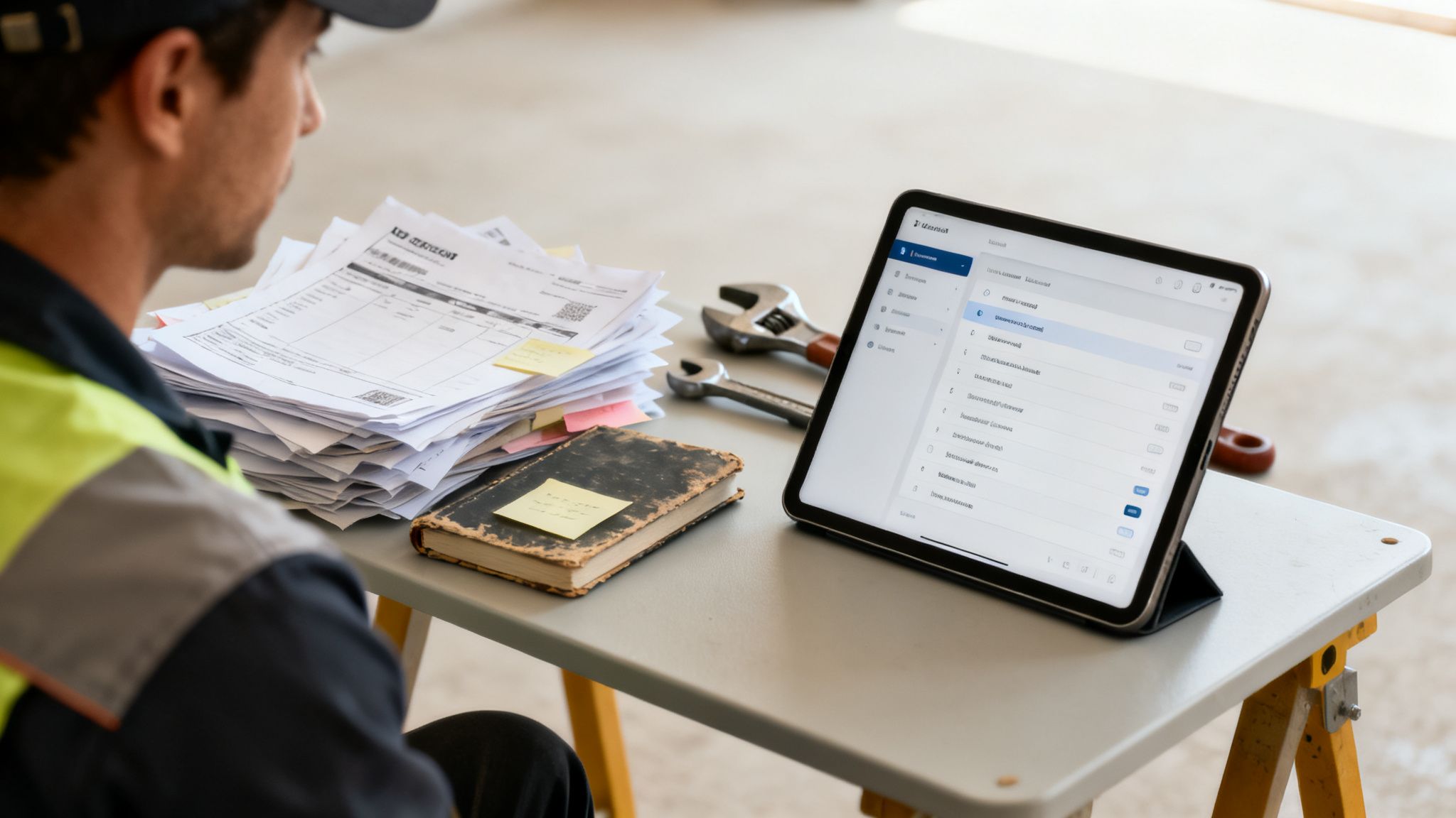 Mężczyzna w kamizelce odblaskowej pracuje przy stole, obok stos dokumentów, narzędzia i tablet z aplikacją do zarządzania klientami.