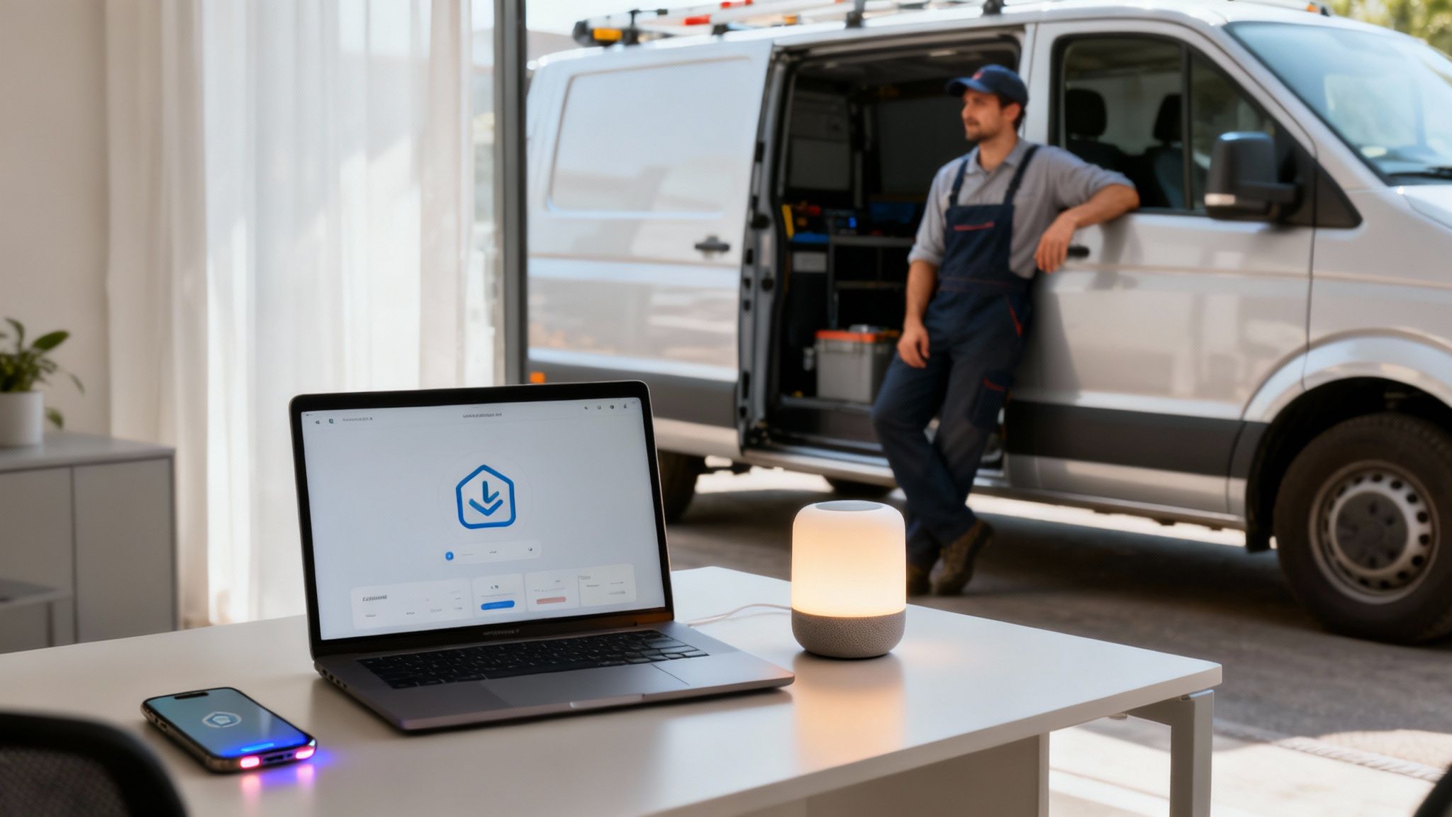 Mężczyzna w kombinezonie przy białej furgonetce, a na stole laptop z aplikacją smart home i lampa.