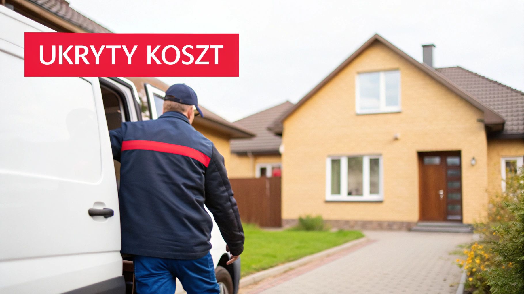 Mężczyzna w uniformie wysiada z vana pod domem jednorodzinnym, z transparentem "UKRYTY KOSZT" na czerwonym tle.