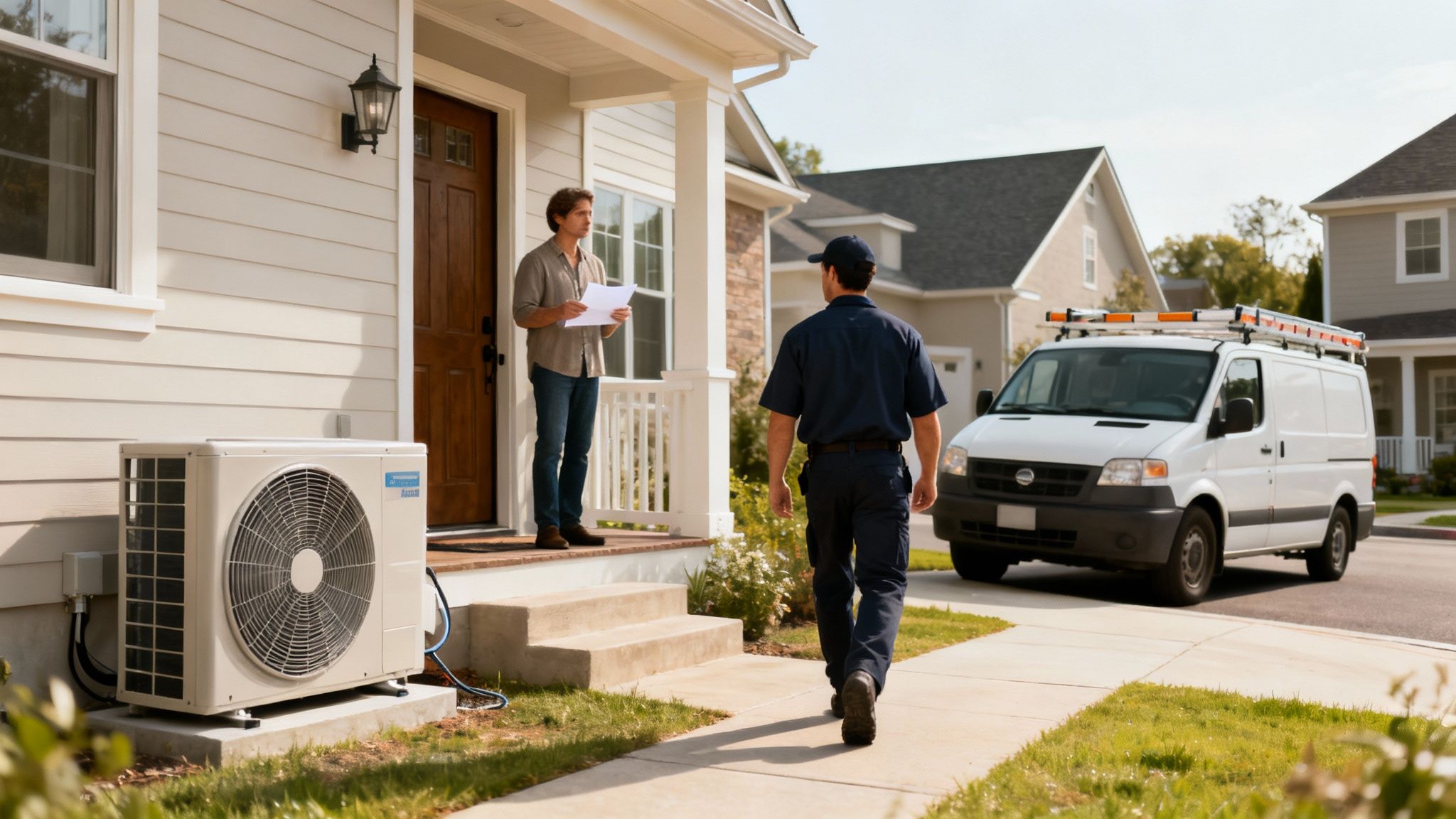 Technik serwisowy idzie do klienta na werandzie. Obok domu zewnętrzna jednostka pompy ciepła.
