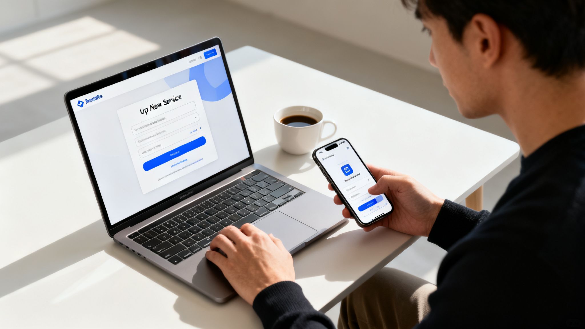 Mężczyzna pracuje na laptopie i smartfonie, wypełniając formularz nowej usługi, obok filiżanki kawy.