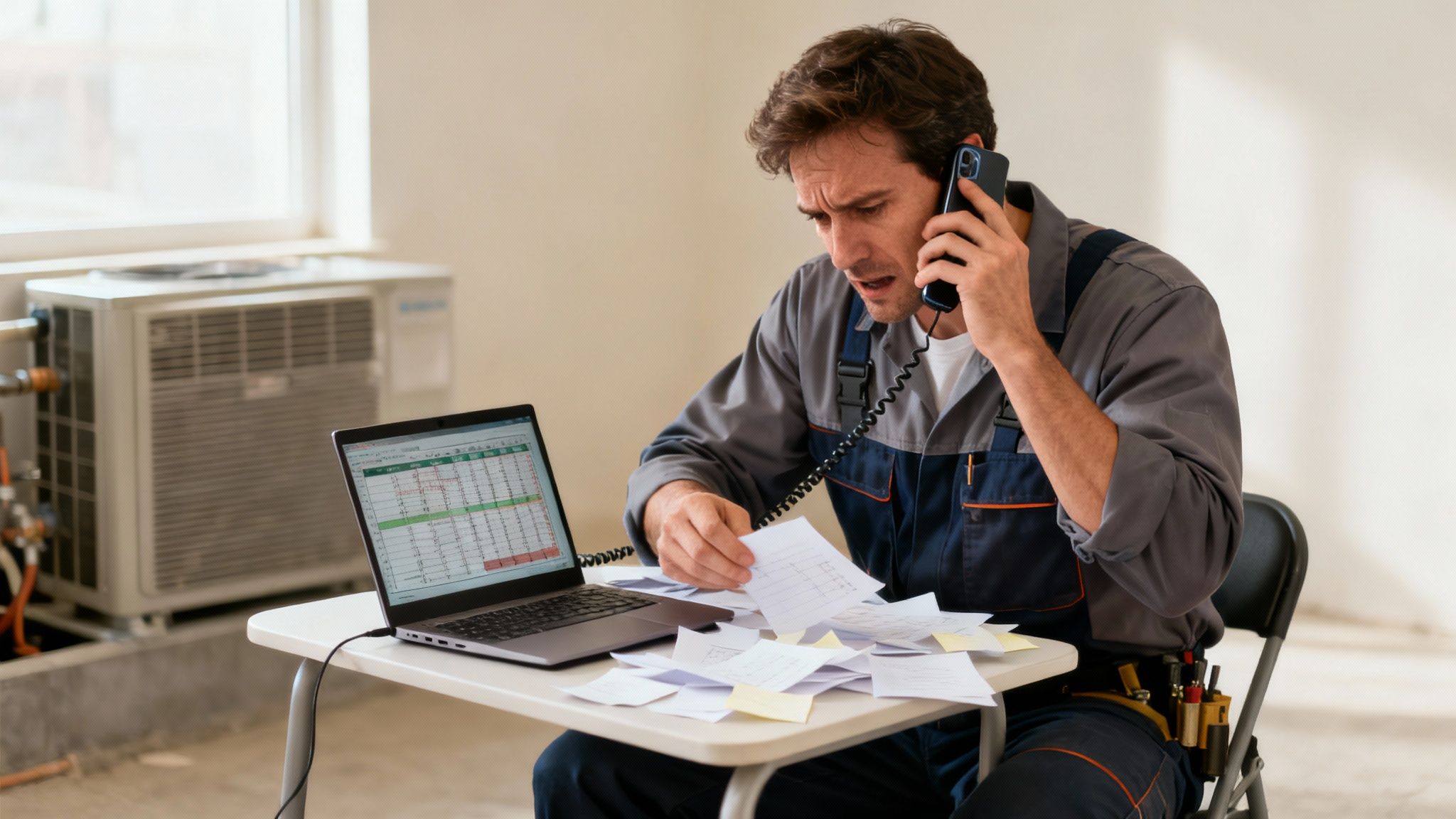 Technik w kombinezonie, rozmawiający przez telefon, analizuje dane na laptopie i stos dokumentów. Wygląda na zmartwionego, w tle klimatyzator.