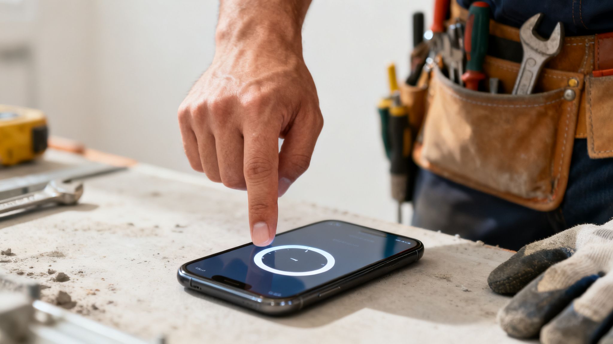 Ręka budowlańca dotyka ekranu smartfona, aby uruchomić stoper na zapylonej powierzchni obok narzędzi.