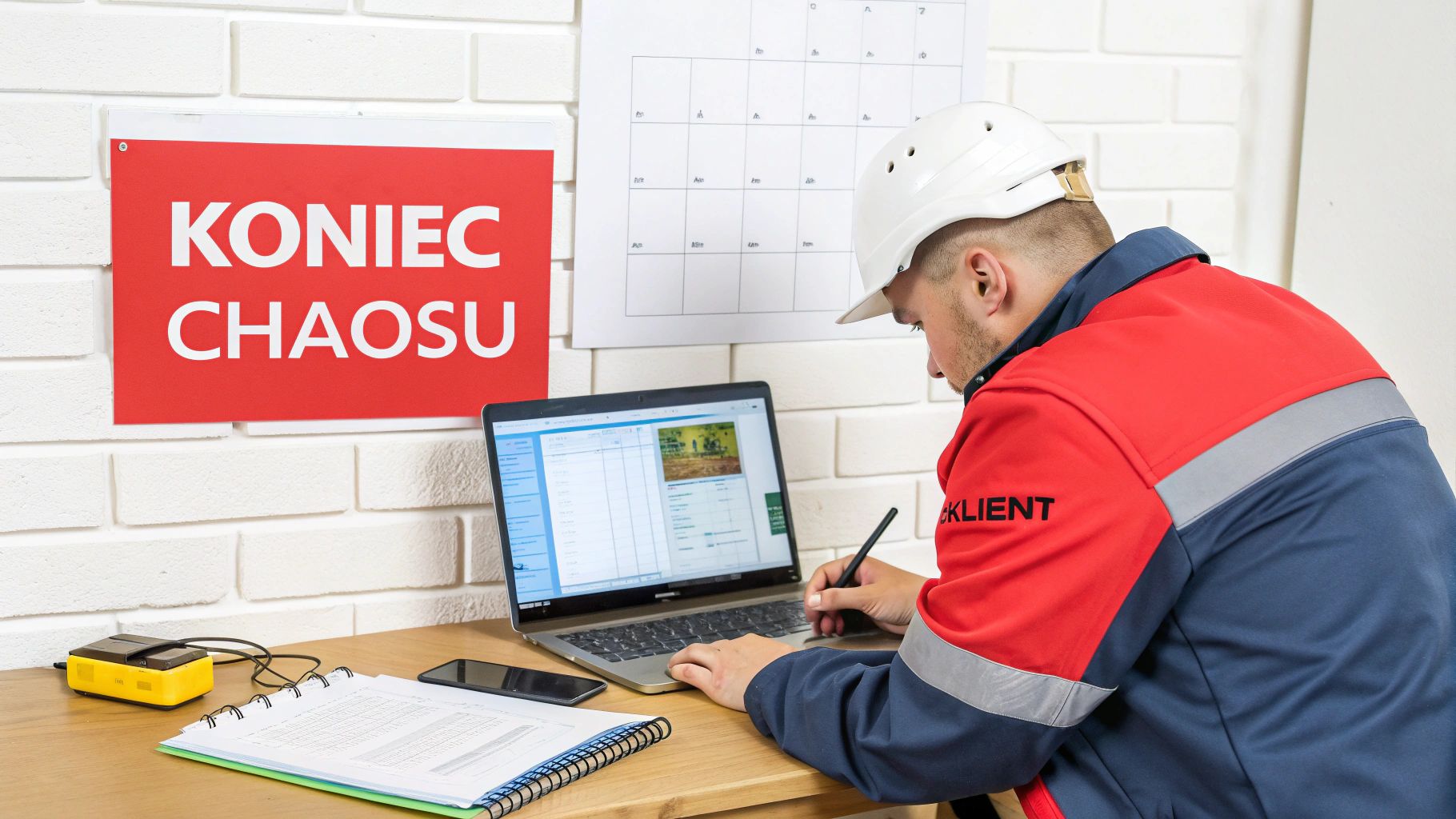 Instalator w kasku i roboczym ubraniu pracuje na laptopie przy biurku. Na ścianie widoczny plakat 'KONIEC CHAOSU'.