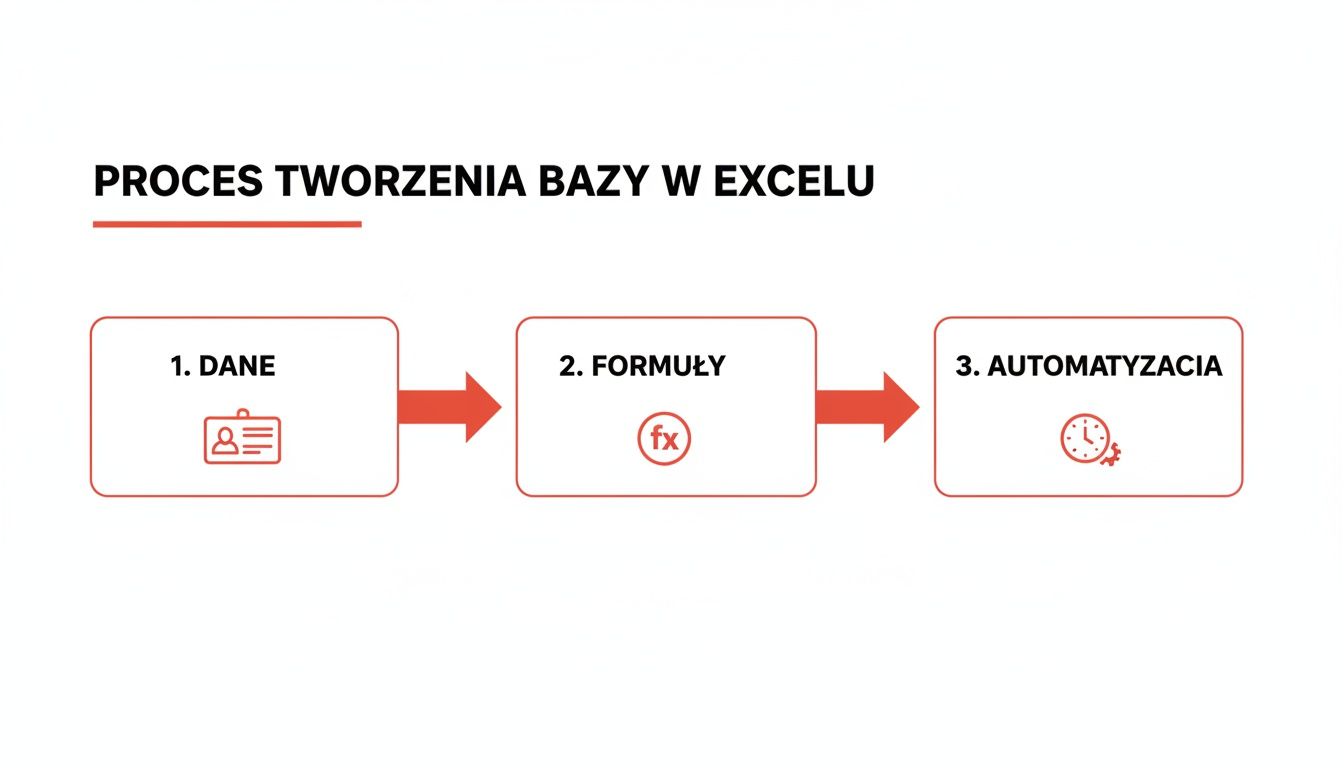Diagram przedstawia proces tworzenia bazy danych w Excelu, obejmujący etapy: dane, formuły i automatyzację.