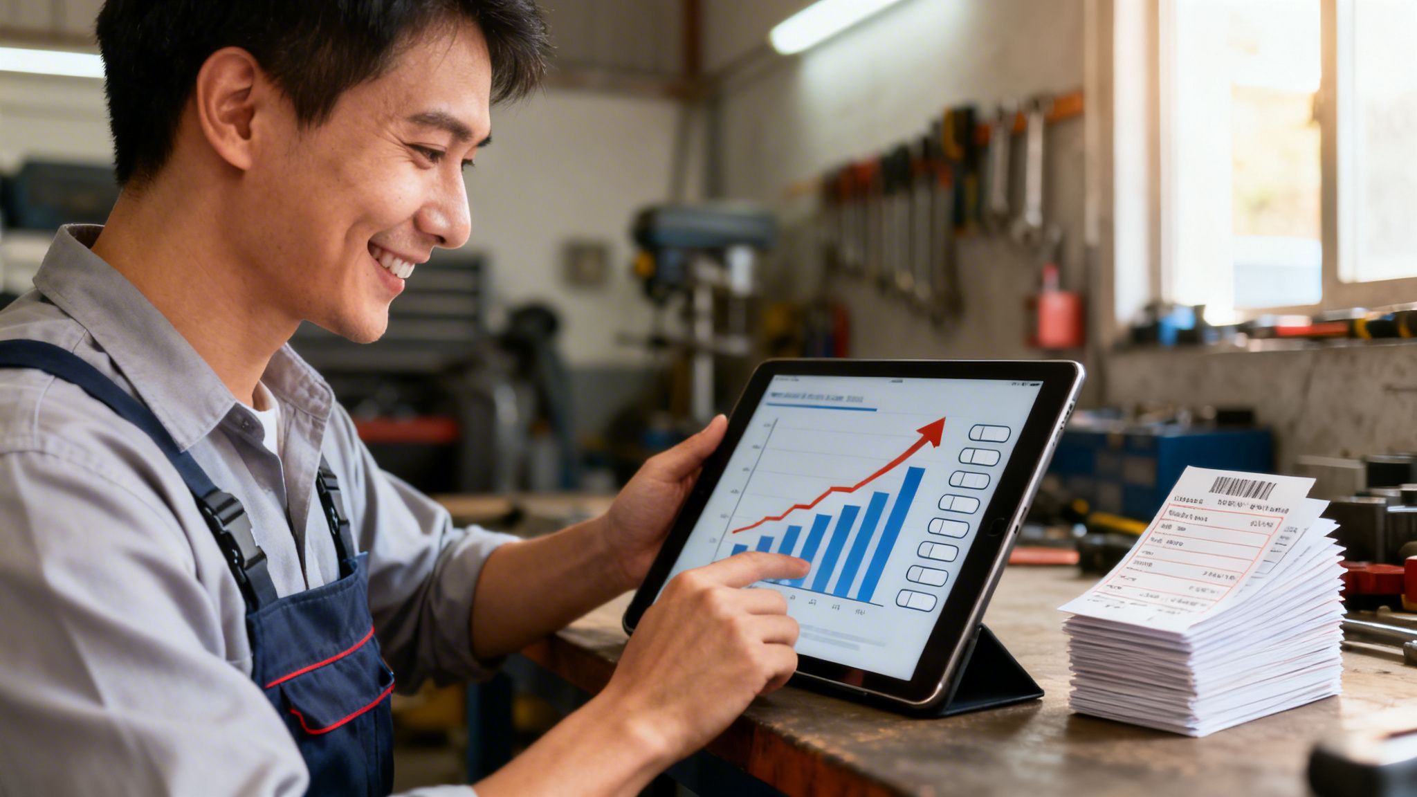 Uśmiechnięty mężczyzna w warsztacie przegląda tablet z rosnącym wykresem sprzedaży, obok stos paragonów.