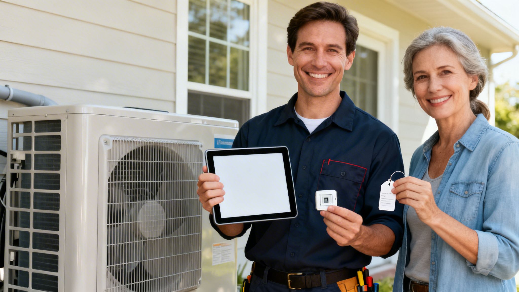 Technik HVAC prezentuje tablet i inteligentne urządzenie klientce obok nowej klimatyzacji.
