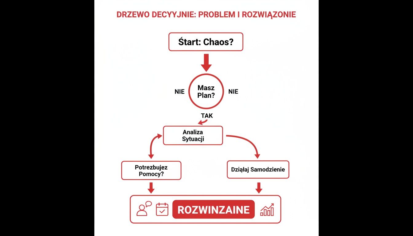 Schemat drzewa decyzyjnego przedstawiający proces rozwiązywania problemu: od chaosu do rozwiązania poprzez analizę i planowanie.