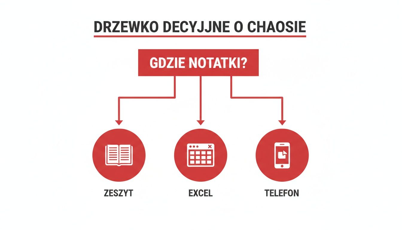 Schemat drzewka decyzyjnego dotyczący wyboru miejsca na notatki, prezentujący opcje zeszytu, Excela i telefonu.