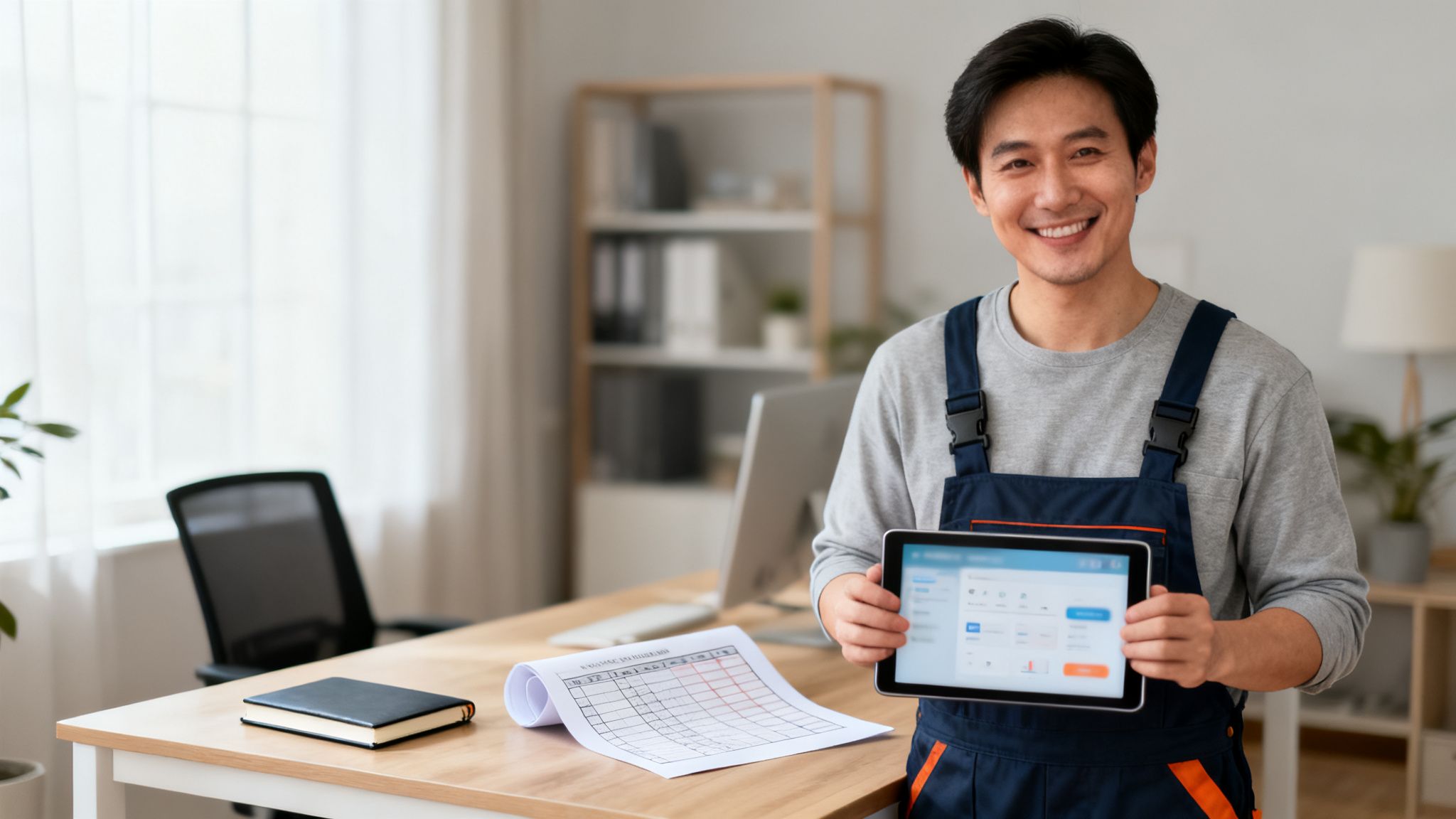 Uśmiechnięty azjatycki pracownik w uniformie trzyma tablet z programem do zarządzania usługami w biurze.