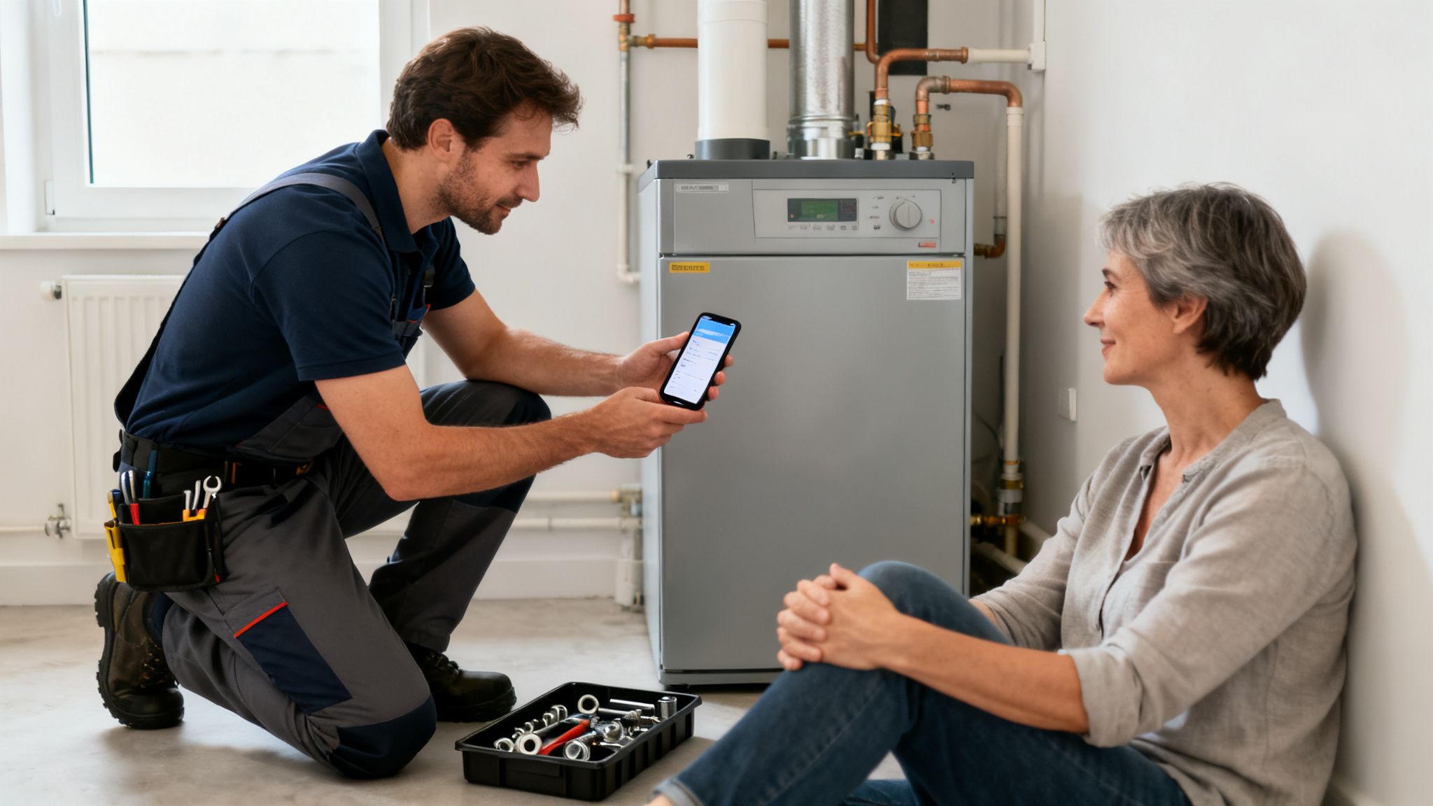 Serwisant pokazuje klientce dane na smartfonie przy piecu grzewczym, omawiając usługę.