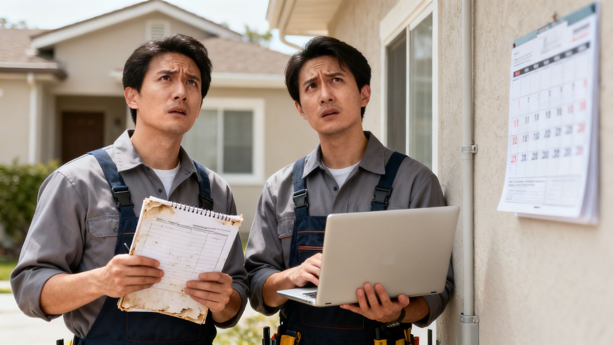 Dwóch serwisantów w roboczych kombinezonach, jeden z notatnikiem, drugi z laptopem, z zaniepokojeniem ogląda coś przy budynku.
