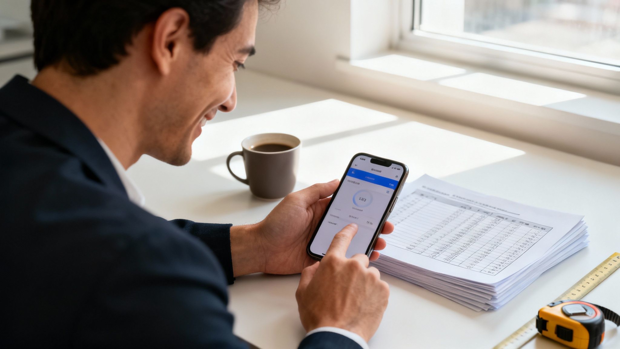 Uśmiechnięty mężczyzna przegląda aplikację na smartfonie, siedząc przy biurku z kawą i dokumentami. Promienie słońca wpadają przez okno.