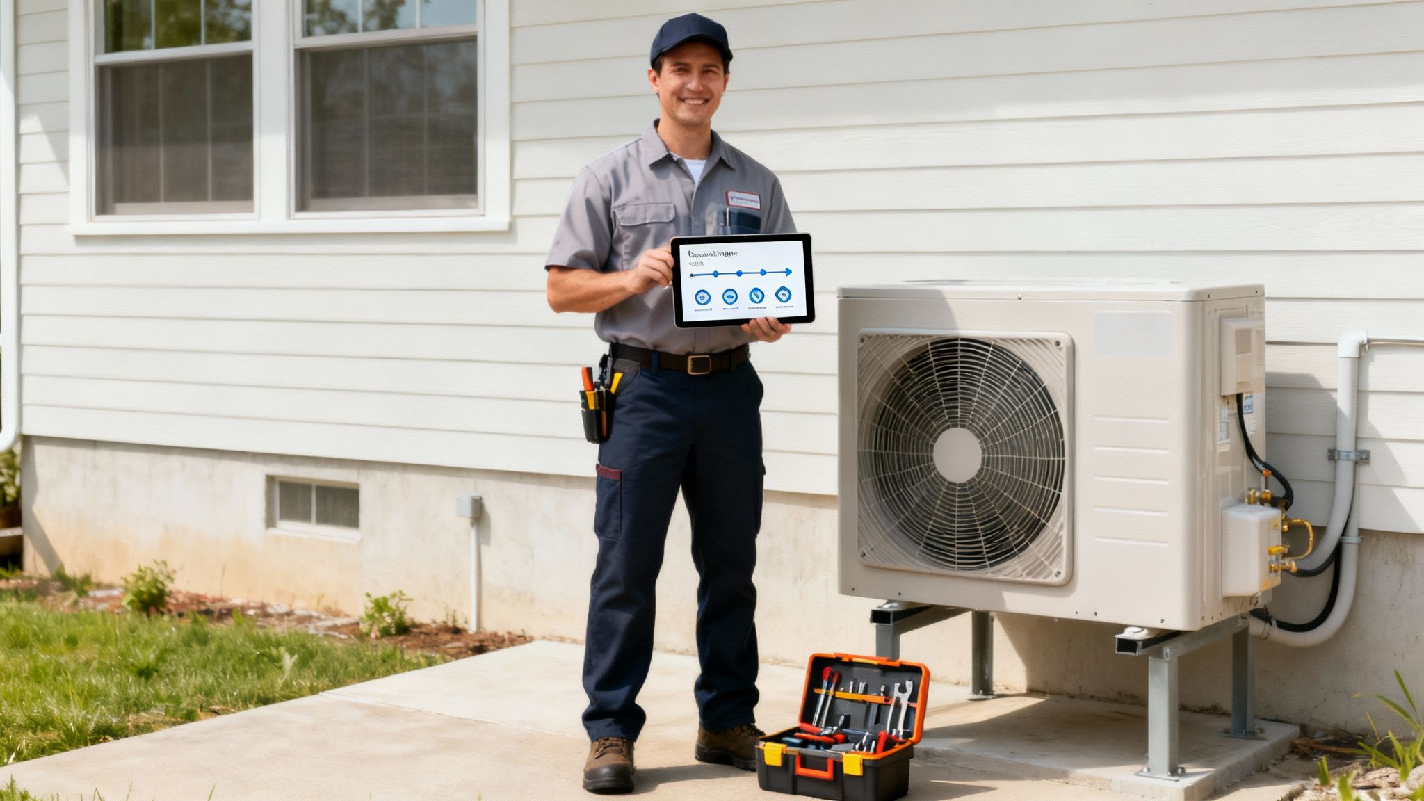 Uśmiechnięty technik serwisowy w uniformie prezentuje tablet z procesem usługowym przy jednostce klimatyzacyjnej.