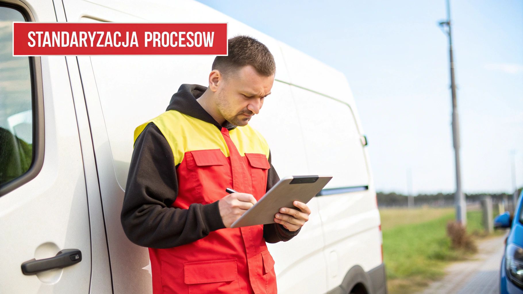 Kurier w uniformie pisze na schowku obok białego samochodu dostawczego, z napisem "STANDARYZACJA PROCESÓW".