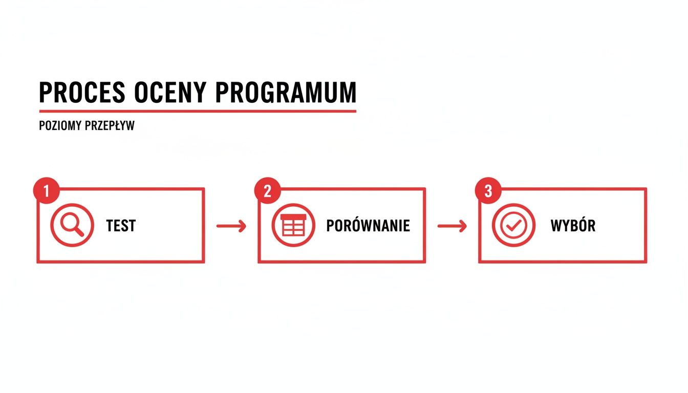 Schemat procesu oceny programu przedstawiający trzy etapy: test, porównanie i wybór, z opisem poziomów przepływu.