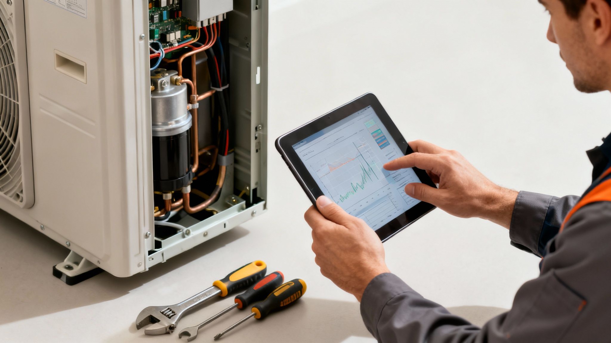 Technik serwisuje klimatyzację, używając tabletu do diagnostyki, obok leżą narzędzia.