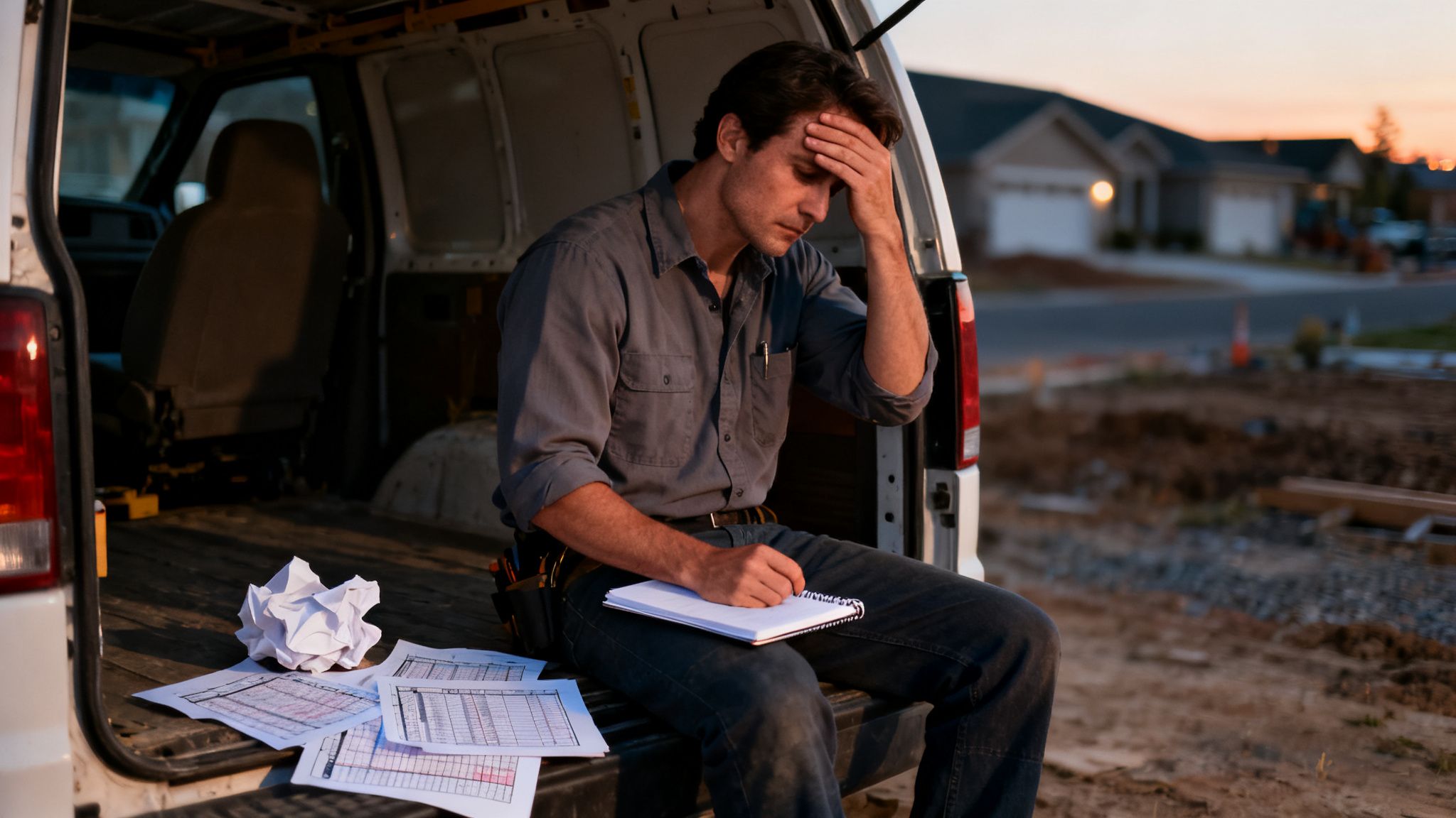 Zmęczony pracownik budowlany siedzi z tyłu furgonetki, przeglądając dokumenty o zachodzie słońca.