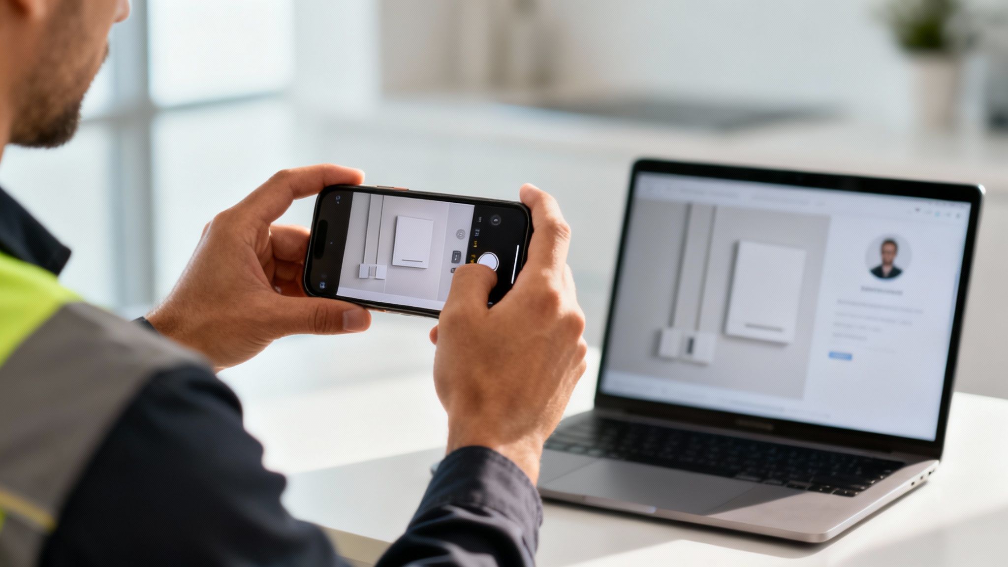 Osoba w kamizelce ochronnej fotografuje smartfonem ekran laptopa prezentujący projekt inteligentnego domu.