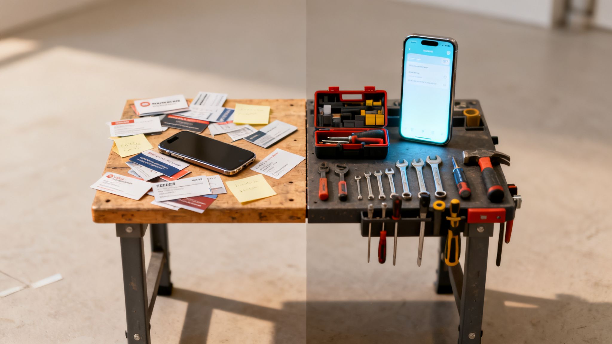 Porównanie nieuporządkowanego stołu z wizytówkami i smartfonem oraz uporządkowanego stołu z narzędziami i smartfonem.
