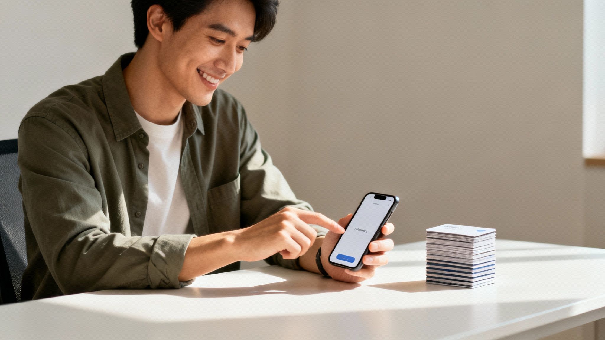 Młody Azjata uśmiecha się, używając smartfona przy biurku obok stosu kart. Obsługuje aplikację mobilną.