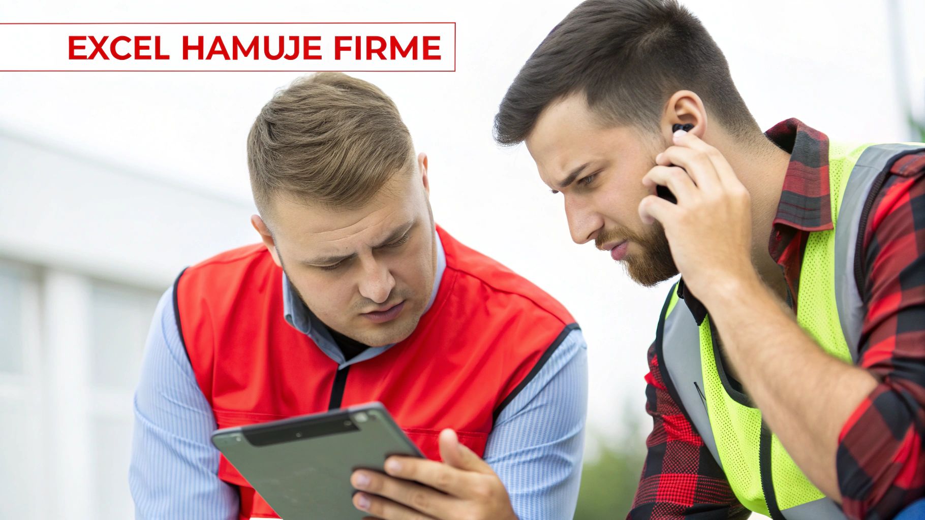 Dwóch pracowników w kamizelkach ochronnych ogląda i omawia dane na tablecie, prawdopodobnie planując pracę lub przeglądając projekt.