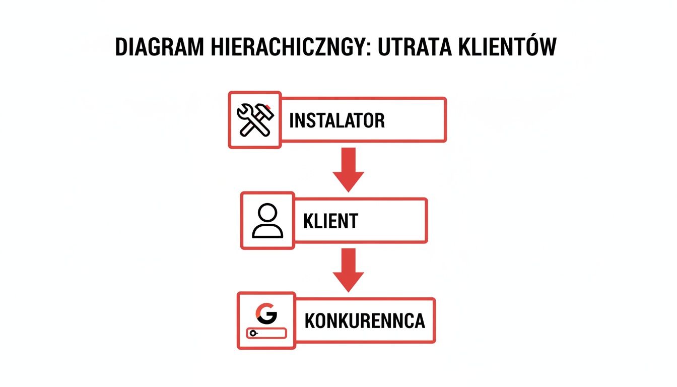 Schemat hierarchiczny przedstawiający proces utraty klientów, od instalatora, przez klienta, do konkurencji.