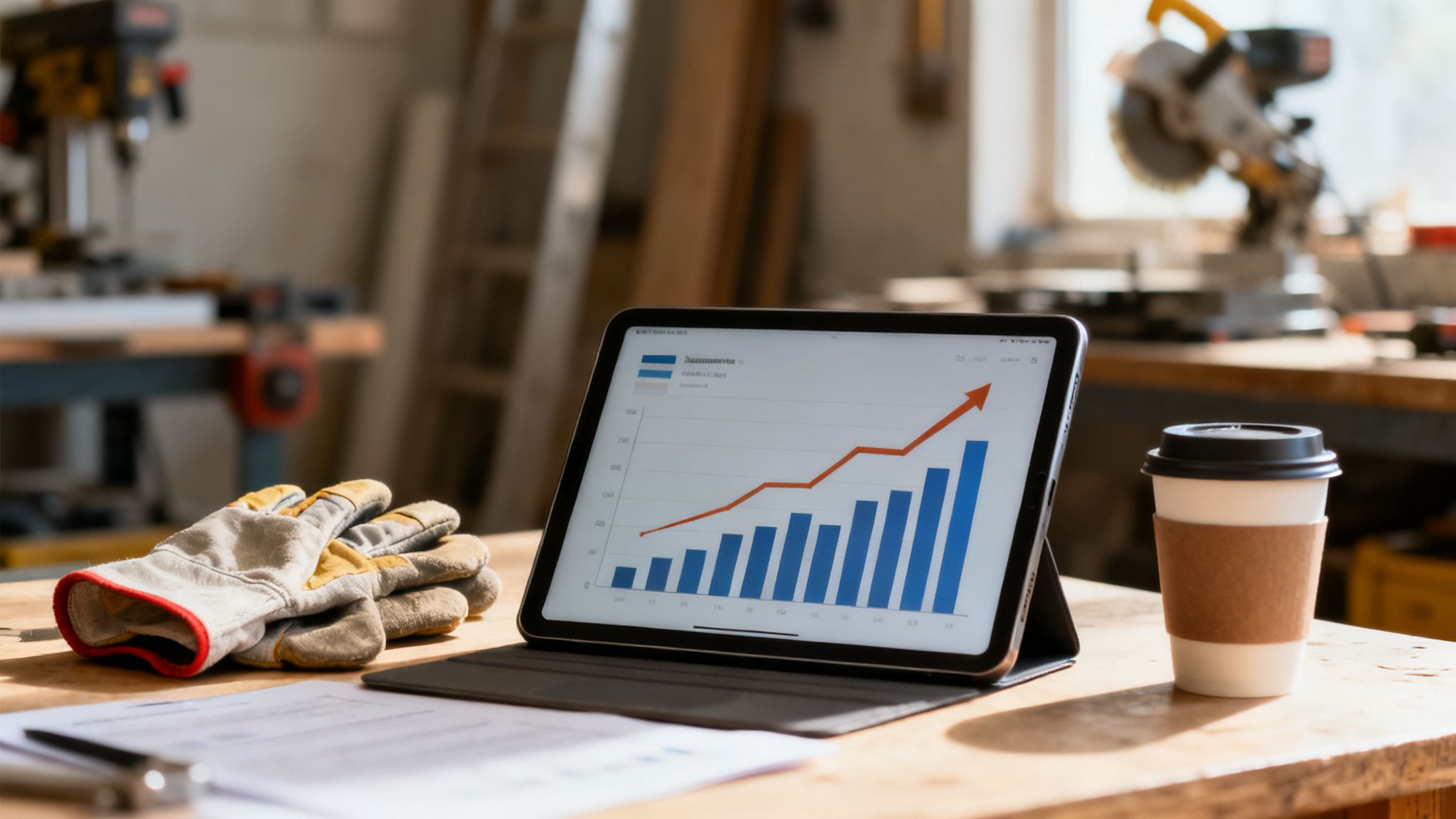 Tablet z wykresem wzrostu na drewnianym stole w warsztacie, obok rękawice robocze i kubek kawy.