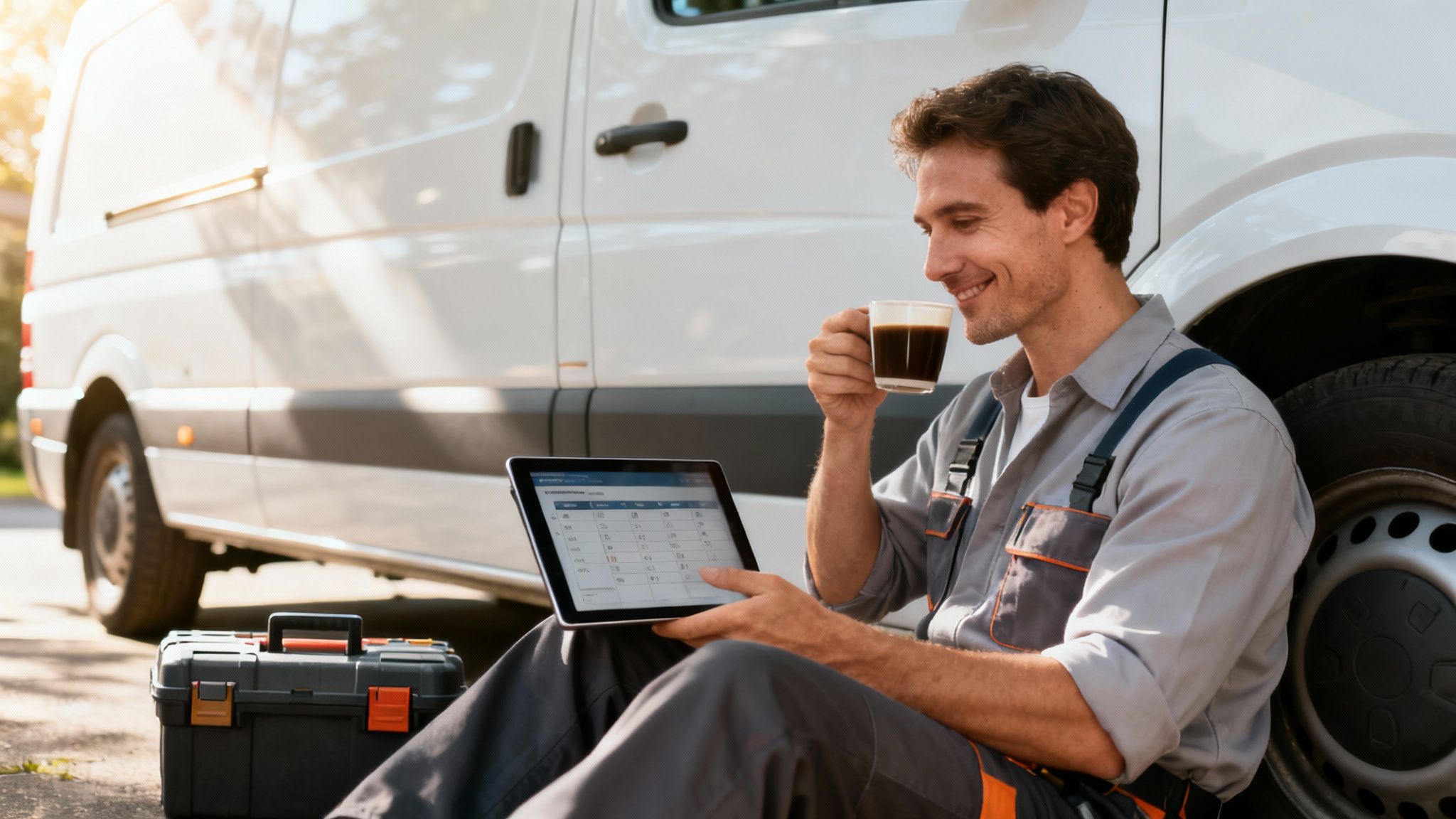 Uśmiechnięty mężczyzna w stroju serwisowym pije kawę i pracuje na tablecie obok białej furgonetki. Obok skrzynka narzędziowa.