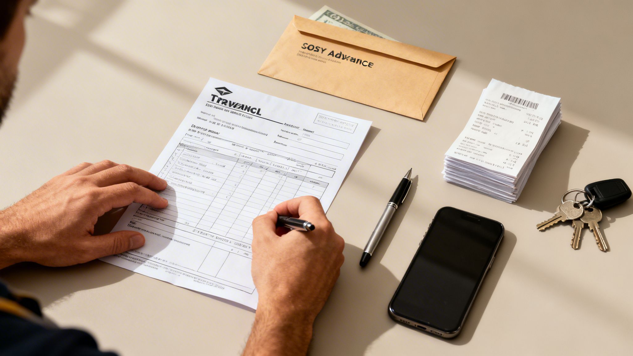 Osoba wypełnia dokumenty finansowe, w tym formularz rozliczeniowy, obok stos paragonów, telefon i kluczy.