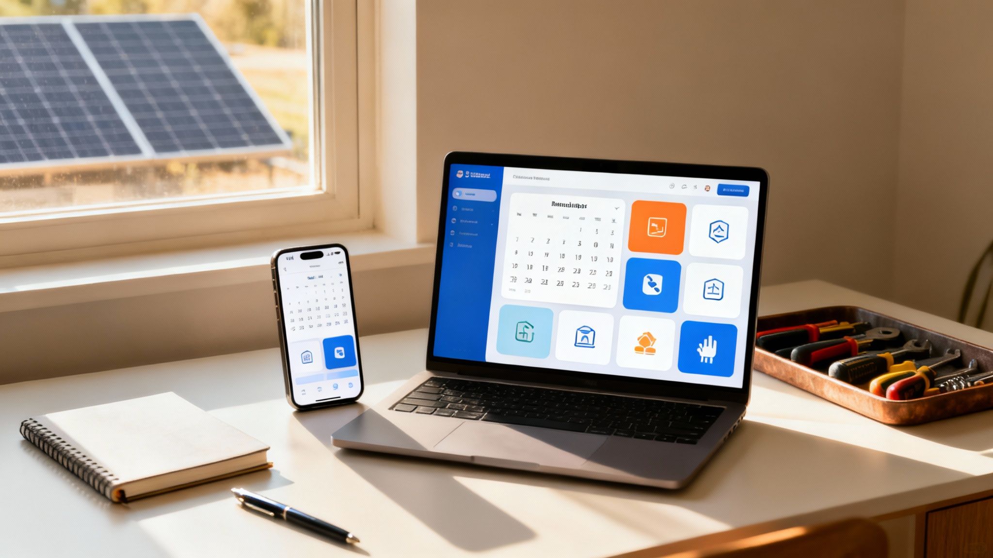 Laptop i smartfon na biurku z aplikacjami do zarządzania, obok narzędzia i notatnik. W tle panele słoneczne.