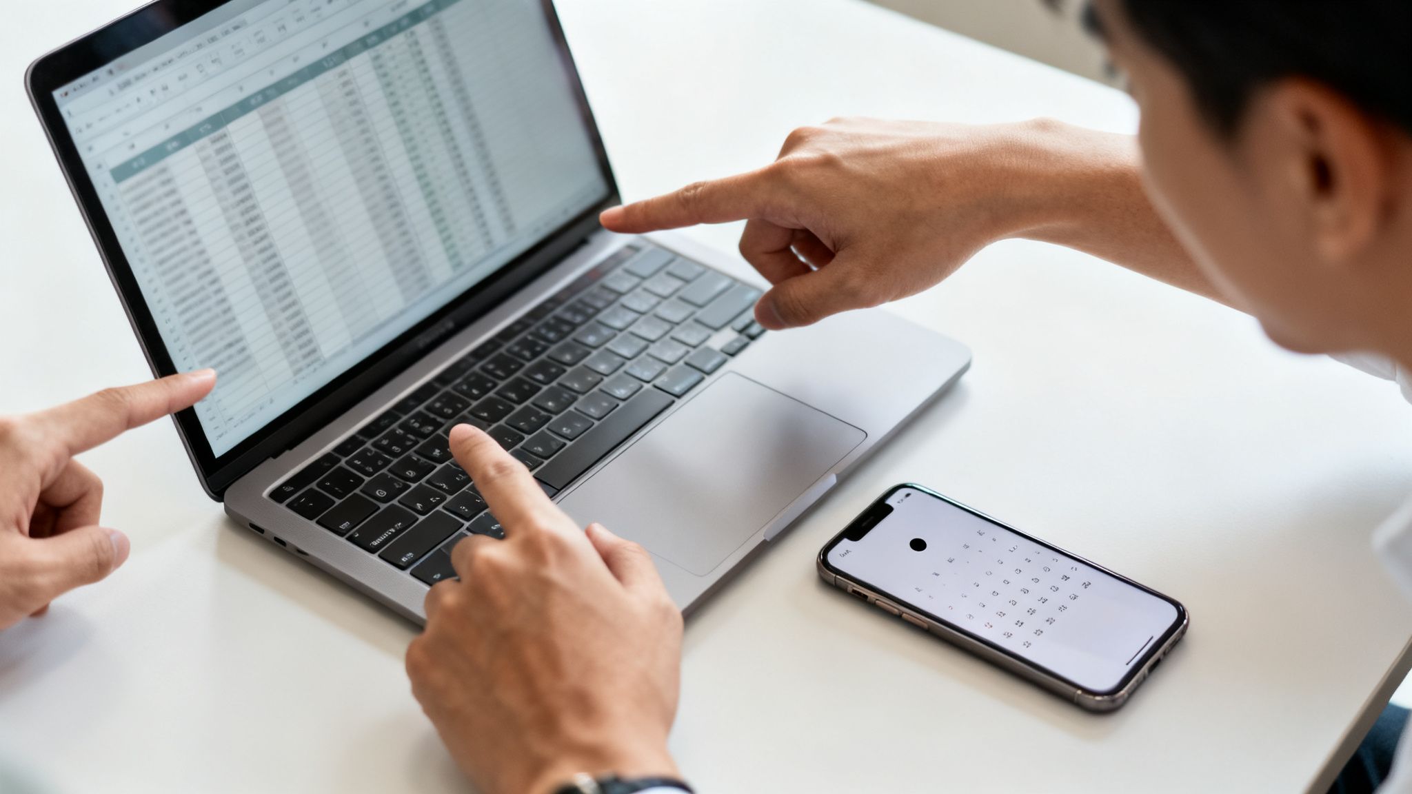 Dwie osoby wskazują palcami na ekran laptopa z arkuszem kalkulacyjnym, obok leży smartfon.