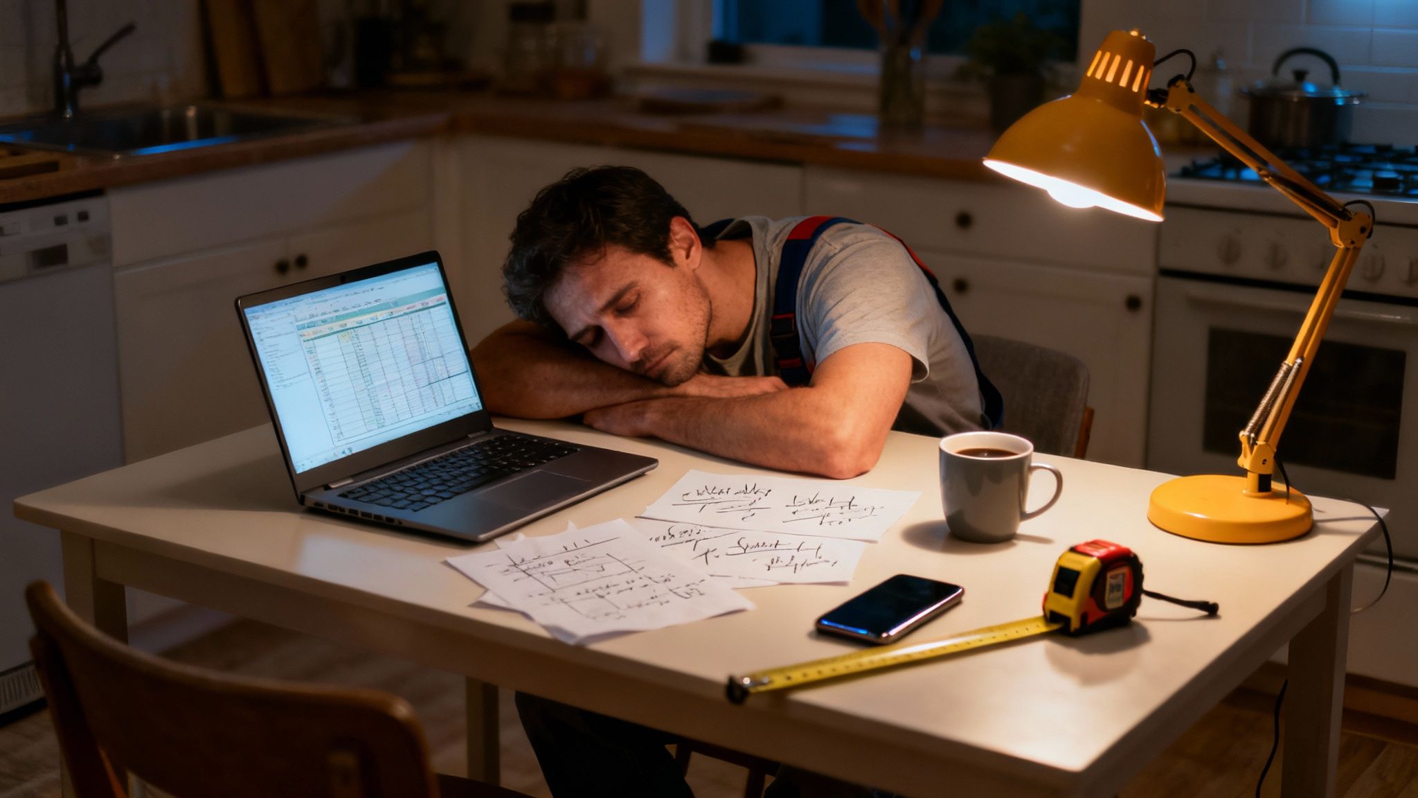 Zmęczony mężczyzna śpi przy stole kuchennym, obok laptop, dokumenty, kawa i lampa, po długiej pracy.