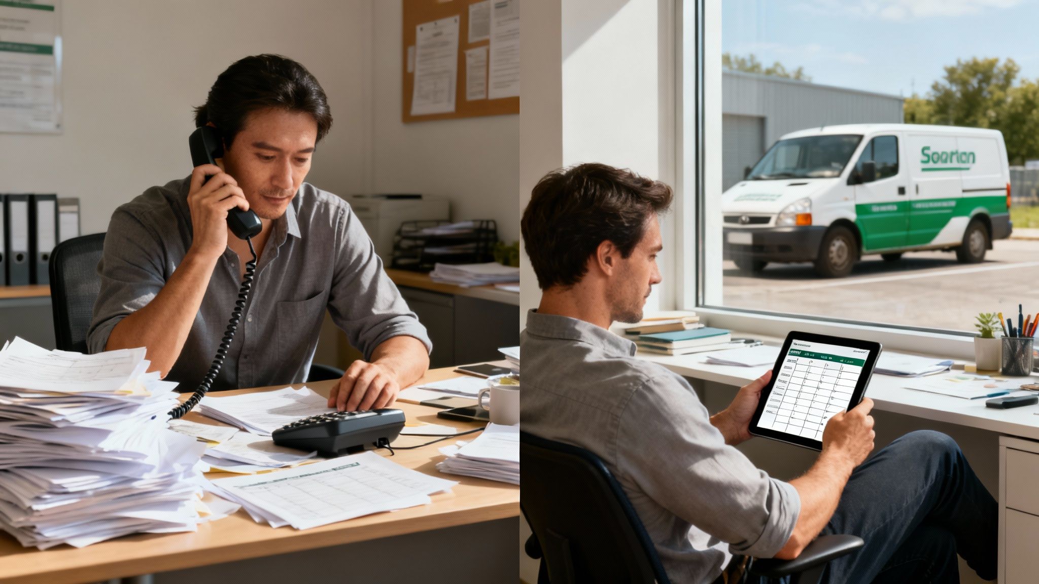 Dwóch mężczyzn w pracy: jeden odbiera telefon przy stosie dokumentów, drugi używa tabletu z widokiem na furgonetkę z logo firmy.