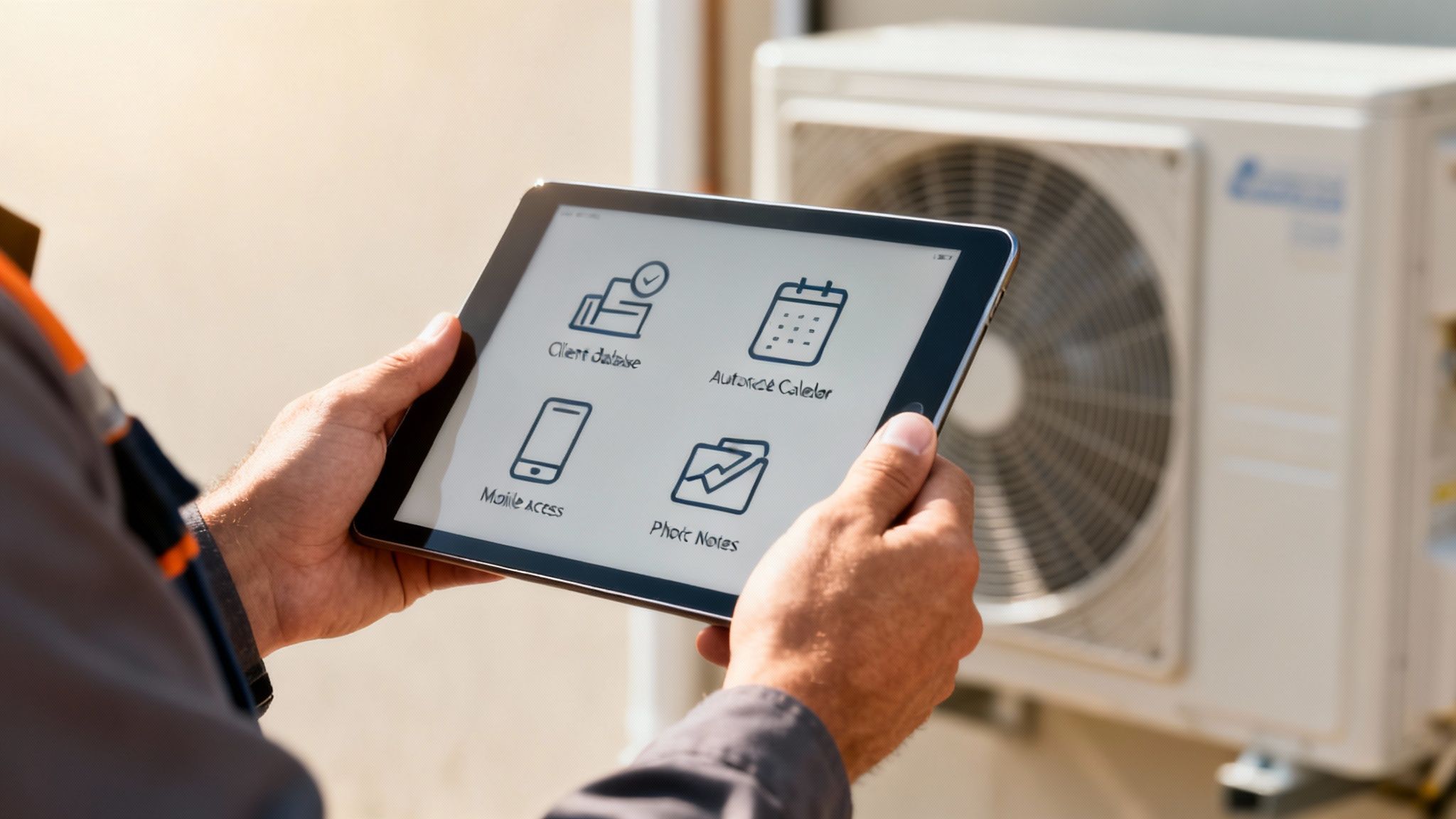 Serwisant używa tabletu z aplikacjami do zarządzania klientami i harmonogramem przy jednostce klimatyzacyjnej.