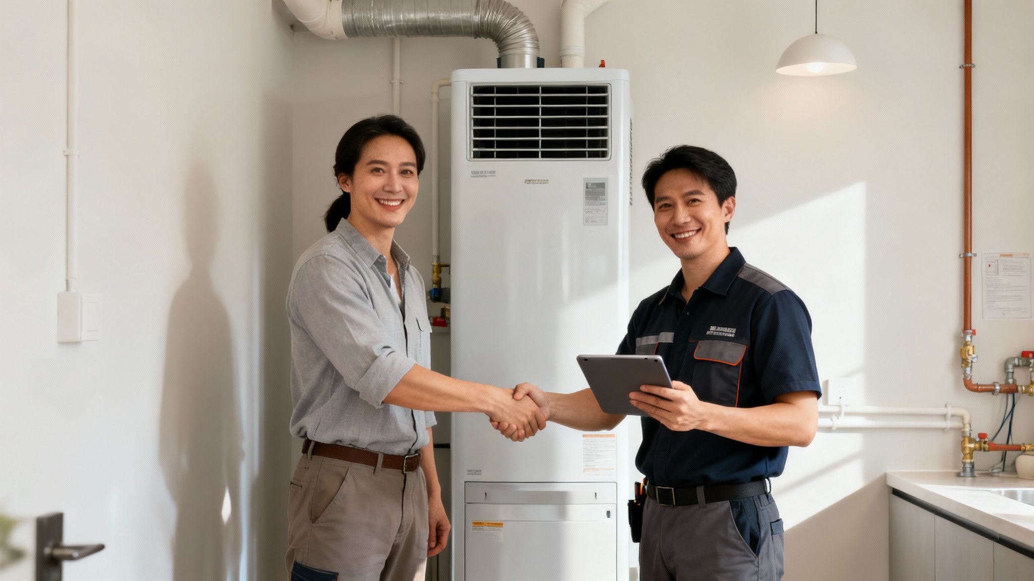 Dwóch uśmiechniętych mężczyzn, klient i technik, podaje sobie ręce po instalacji urządzenia w pomieszczeniu.