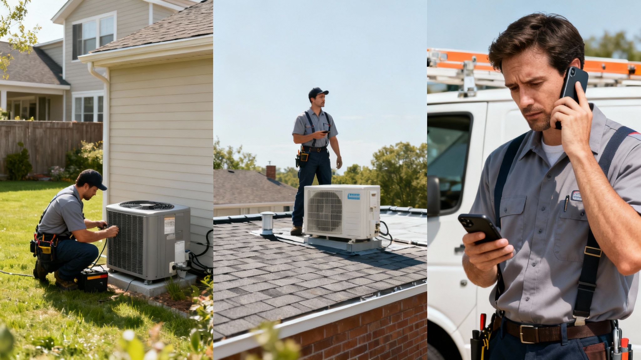 Trzech techników serwisuje systemy klimatyzacji: jeden przy domu, drugi na dachu, a trzeci rozmawia przez telefon przy furgonetce serwisowej.