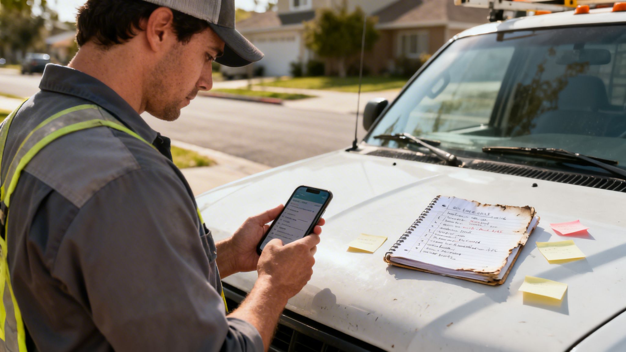 Pracownik w kamizelce odblaskowej sprawdza telefon obok służbowego samochodu, z notatnikiem na masce.