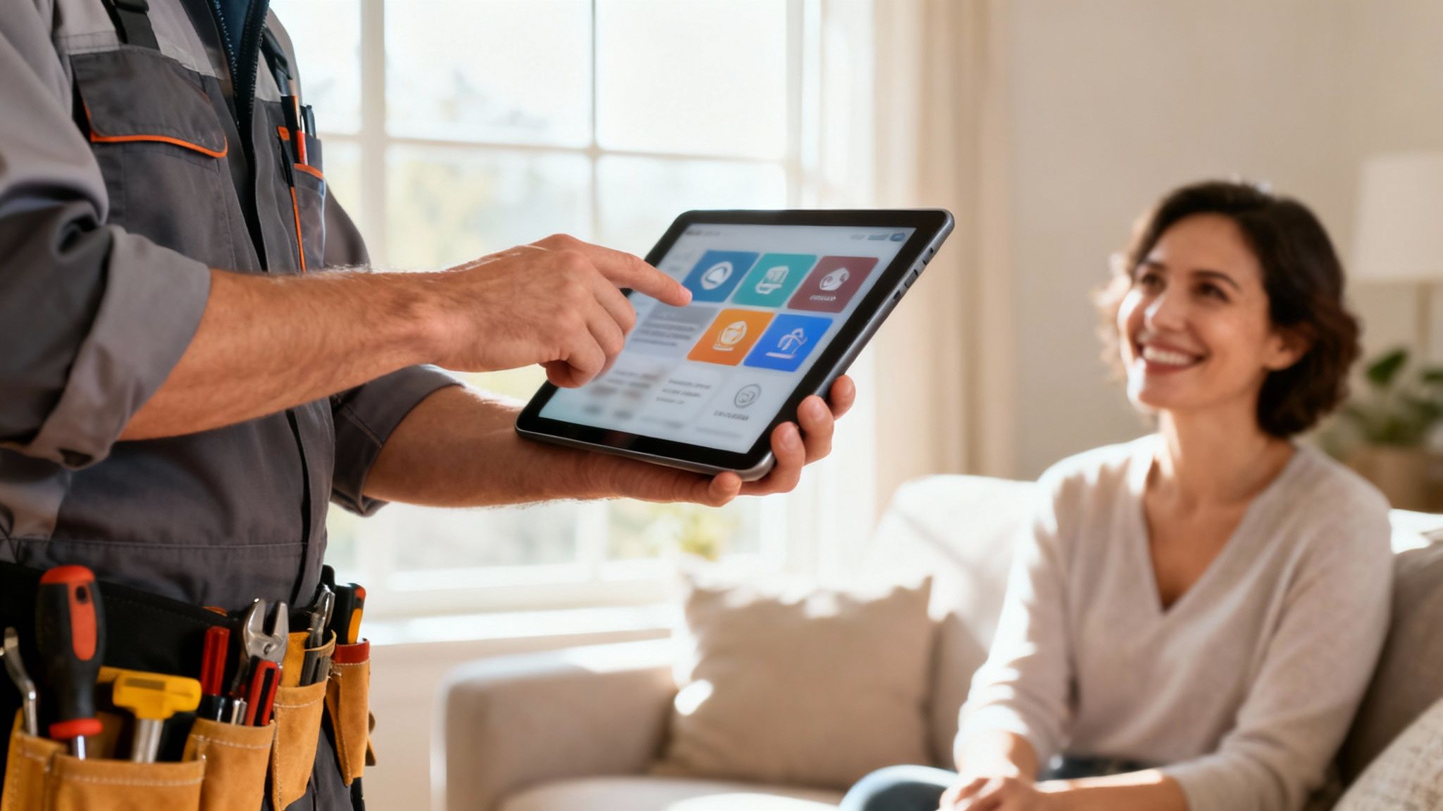 Technik prezentuje system inteligentnego domu na tablecie uśmiechniętej kobiecie, pokazując aplikację.