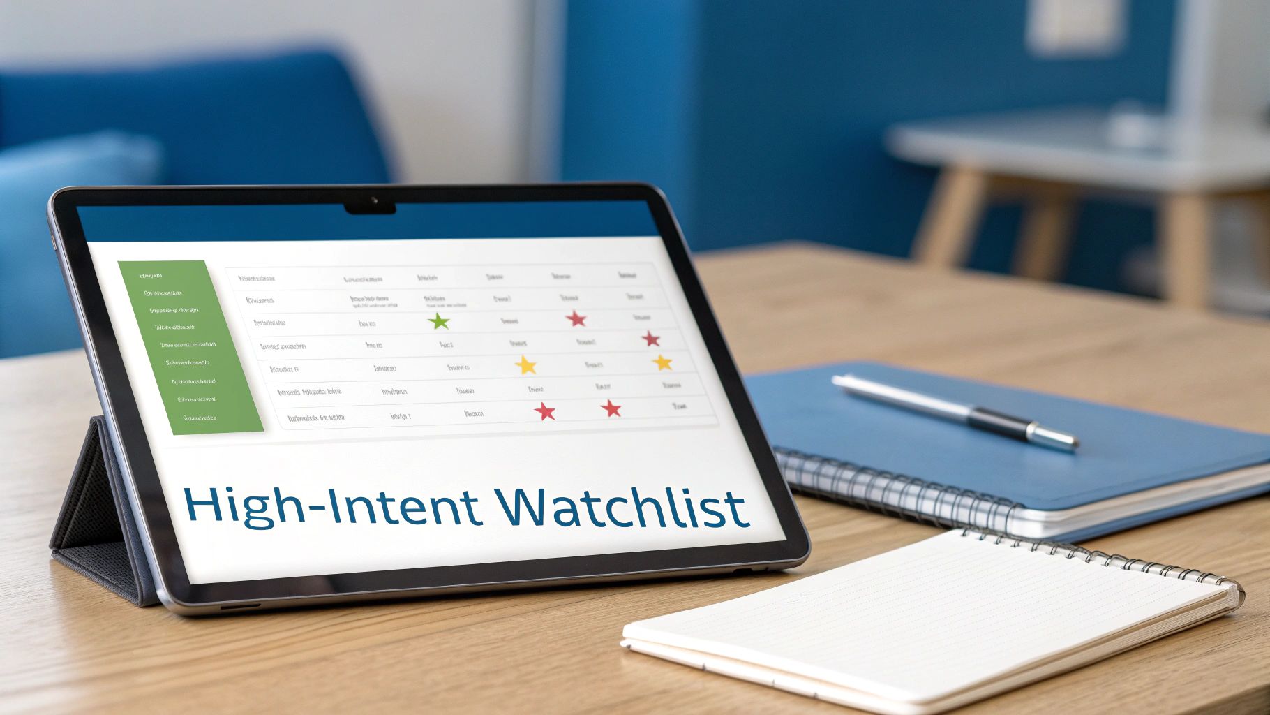 A tablet displays a 'High-Intent Watchlist' with data and star ratings on a wooden desk with notebooks.