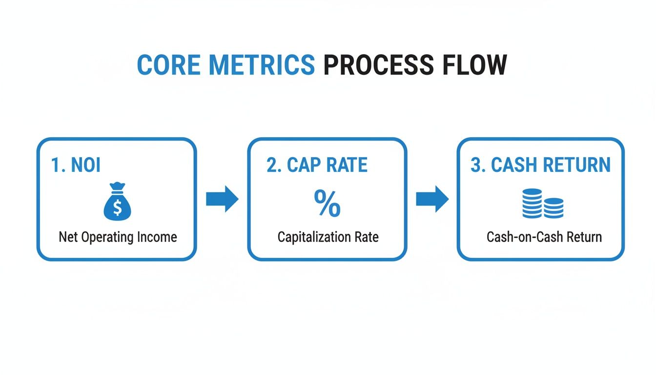 A process flow diagram illustrating core real estate investment metrics: Net Operating Income, Capitalization Rate, and Cash-on-Cash Return.