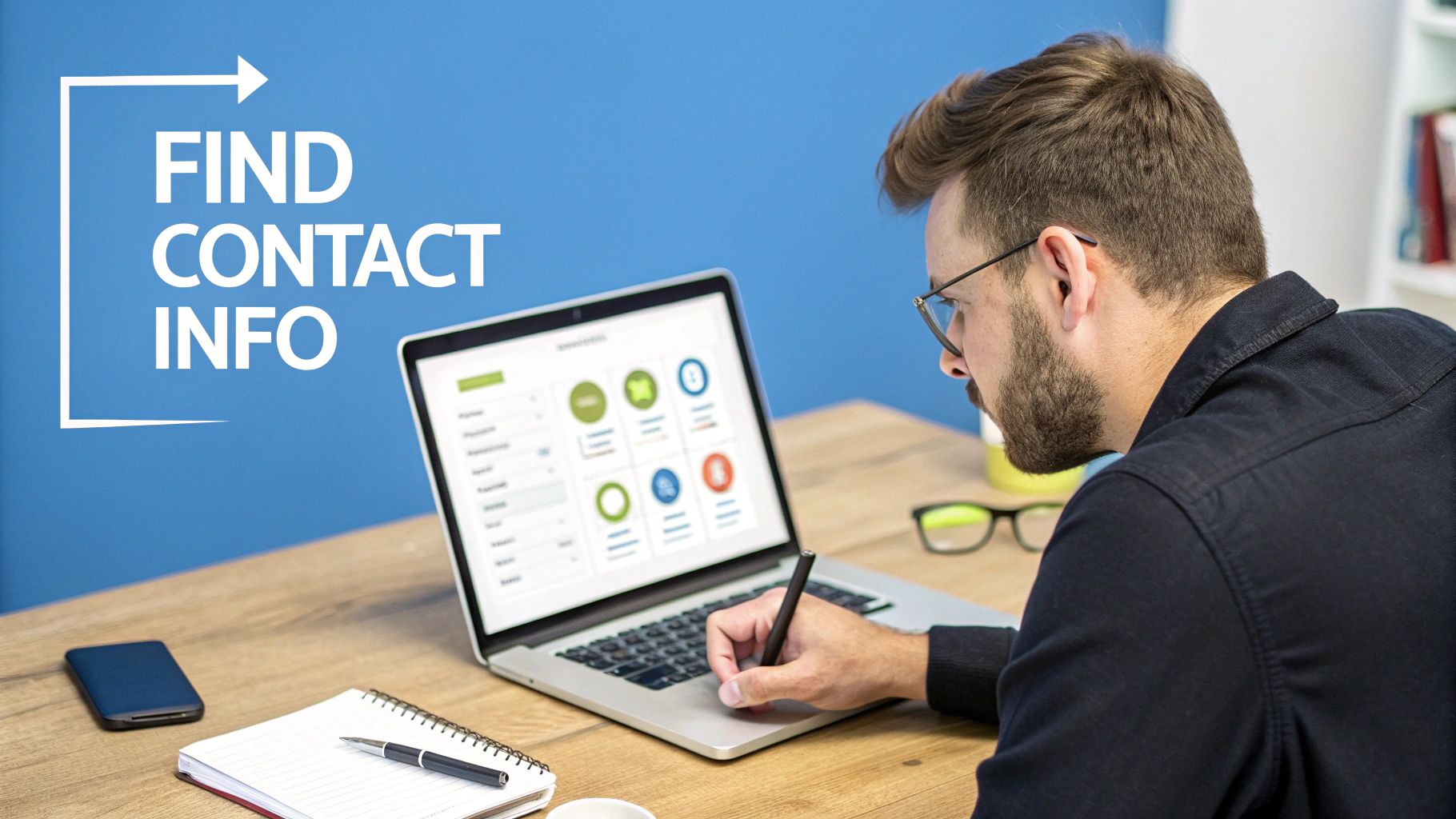Man using a laptop and pen at a desk, with 'FIND CONTACT INFO' text on a blue wall.