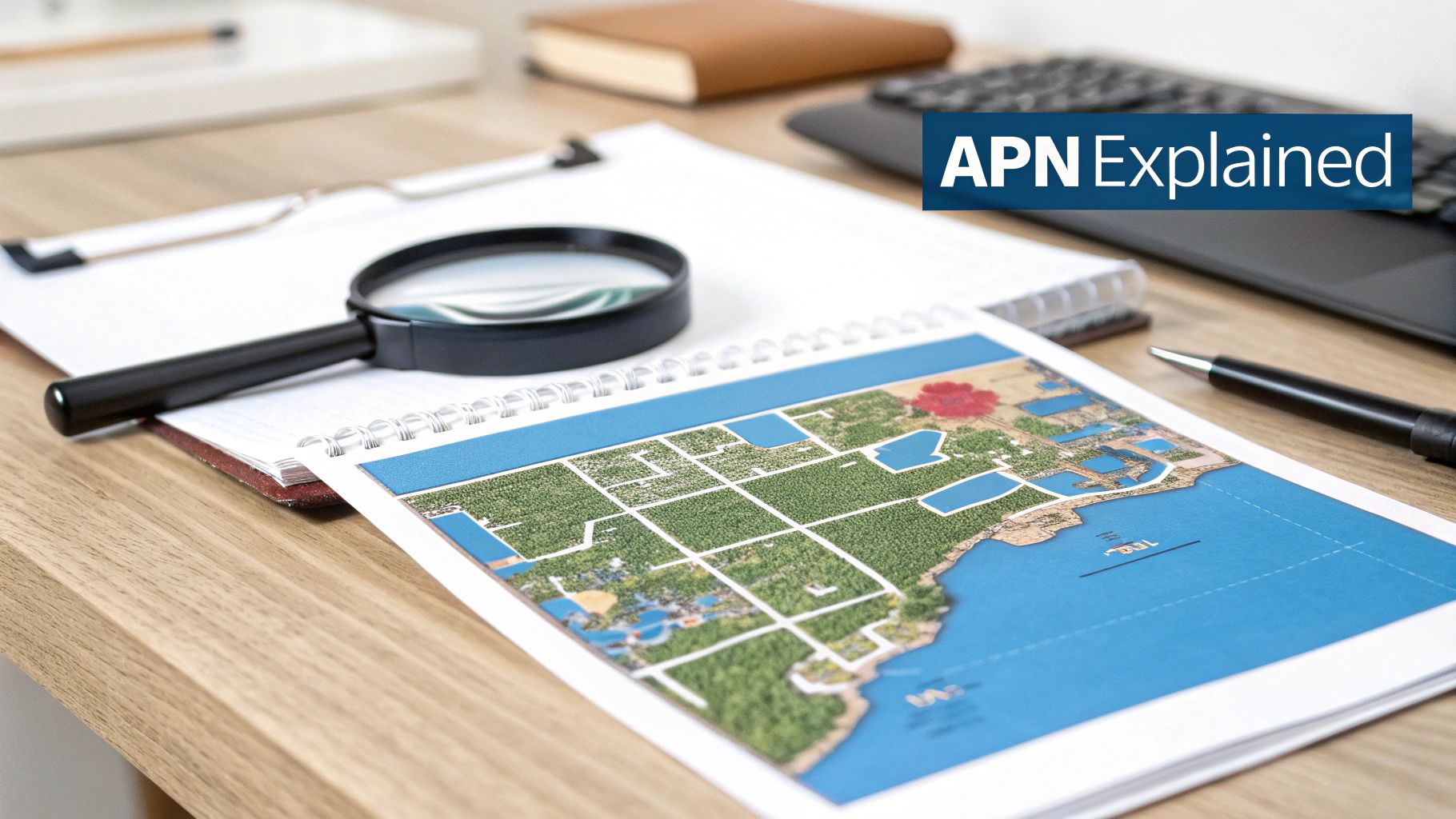 A close-up of a property map with a magnifying glass, pen, and clipboard on a wooden desk.