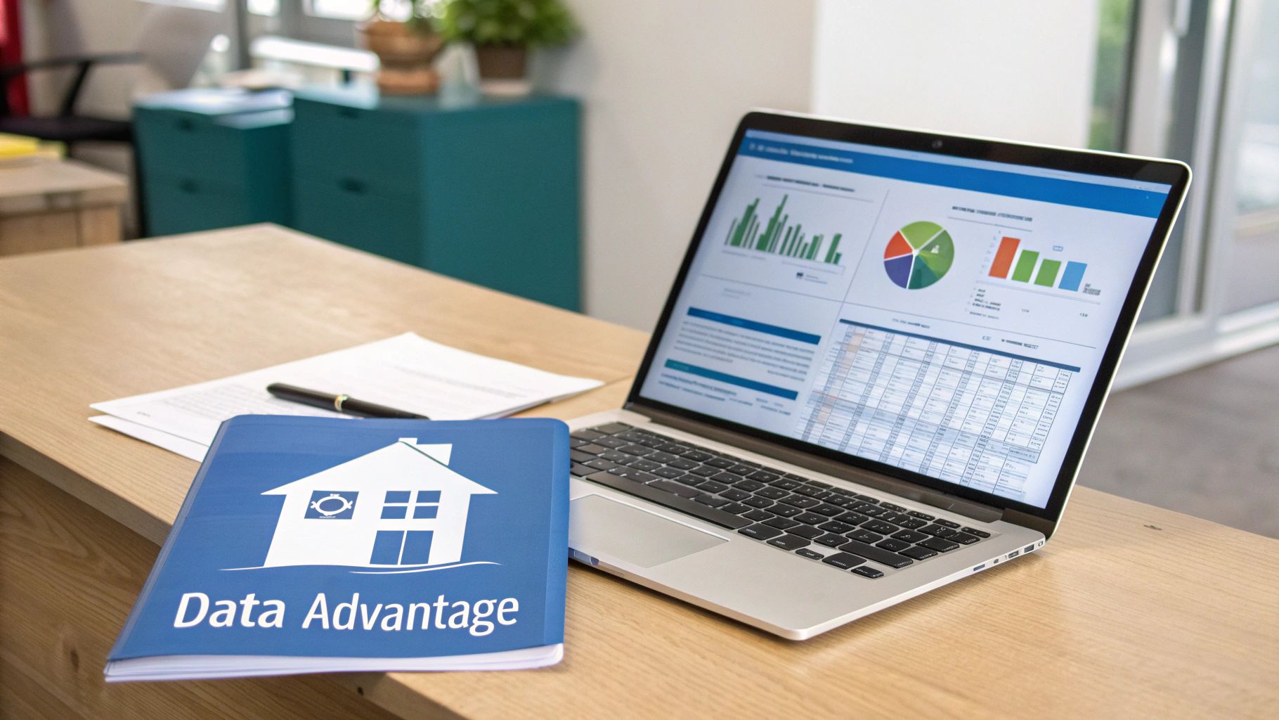 A laptop on a wooden desk displays data charts and spreadsheets, next to a 'Data Advantage' binder.